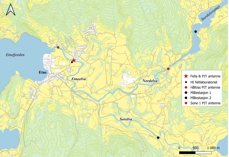 Etnevassdraget består av hovedelven (Etneelva), Nordelva og Sørelva. Kartet viser plassering av fellen (med PIT antenne), posisjon på to andre PIT antenner og plassering av målestasjoner fra NVE som måler vanntemperatur og vannføring.
