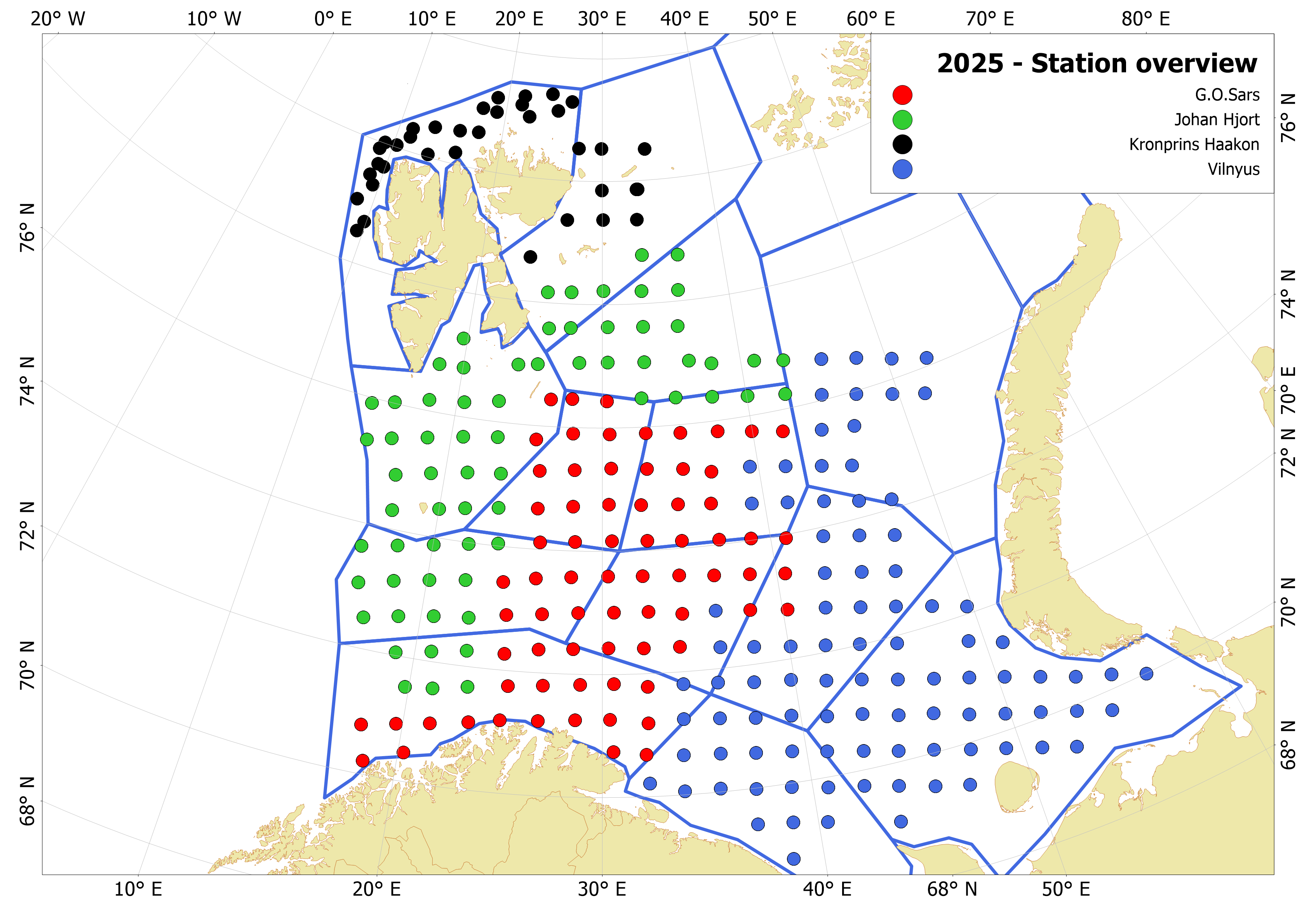 Figure 6.1. Map showing spatial coverage of the 0-group sampling stations in the Barents Sea in 2025. The color of the dots indicate vessels, while the blue lines indicate 15 subareas (regions) used for the estimations.