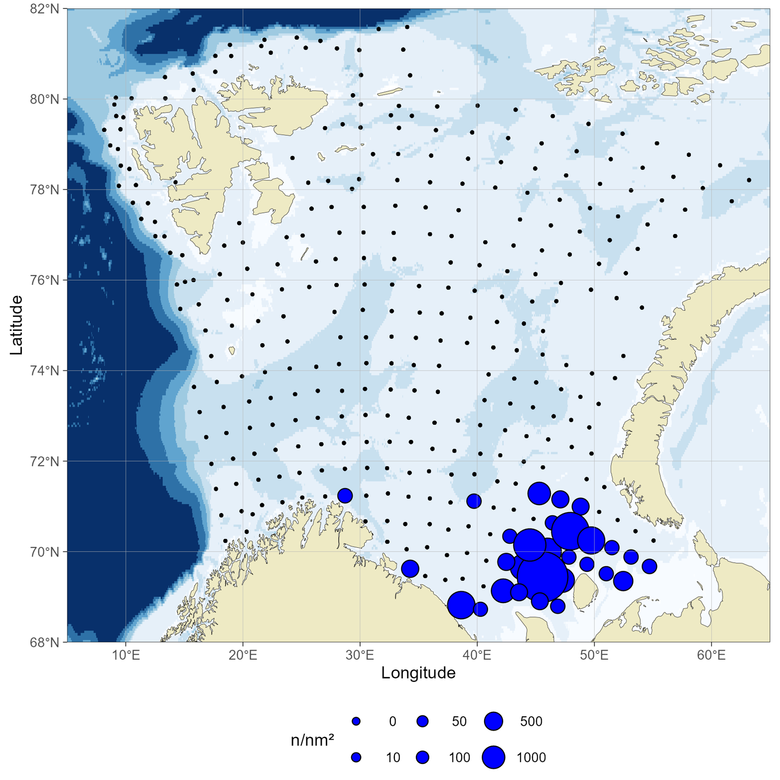 Figure 10.2.1. Distribution of Red king crab (count, n/nm²) in the Barents Sea, August–October 2025.