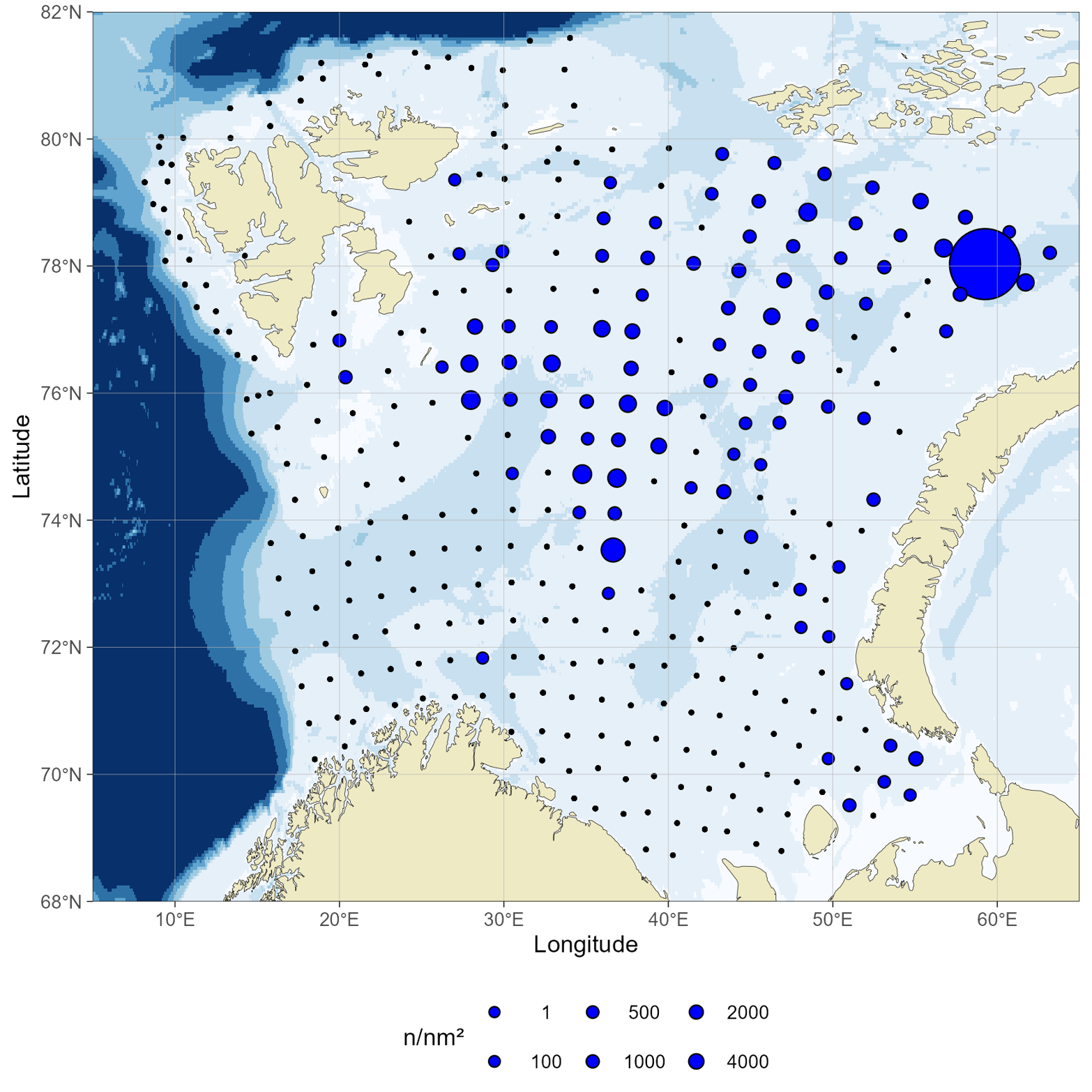 Figure 10.3.1. Distribution of Snow crab (count, n/nm²) in the Barents Sea, August–October 2025. Station with 4000 individuals per nm² is a pod of juvenile under 40 mm.