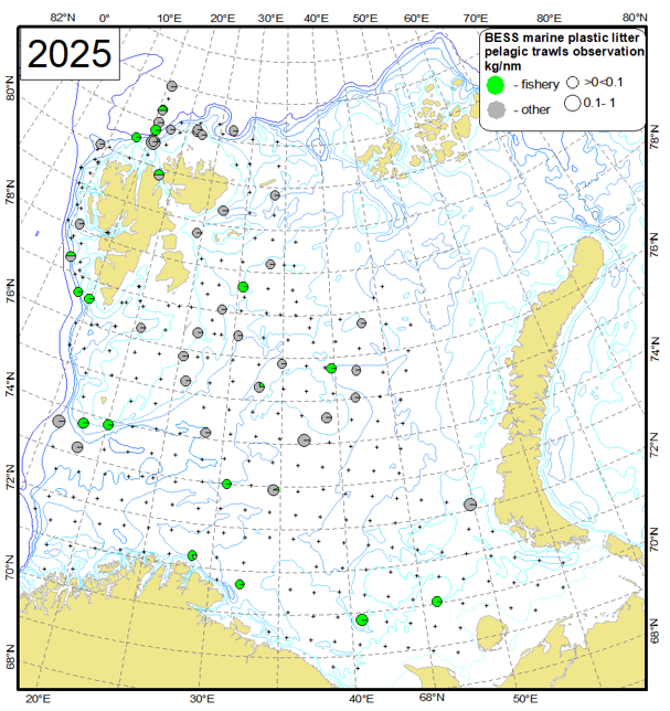 Figure 4.2.1.4 Fishery related plastic observation versus other plastic litter collected in the pelagic trawls in the Barents Sea in August-October 2025 (kg/nm, crosses – trawl stations).