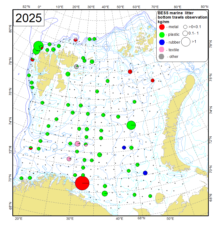 Figure 4.2.1.5 Type of anthropogenic litter collected in the bottom trawls (kg/nm) in the Barents Sea in August-October 2025 (crosses – bottom trawl stations).  