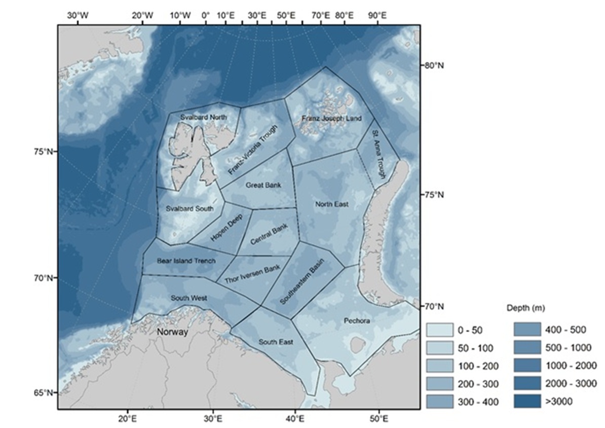 Figure 5.3.1. Map showing subdivision of the Barents Sea into 15 subareas (polygons) used to estimate macroplankton biomass based on the BESS.