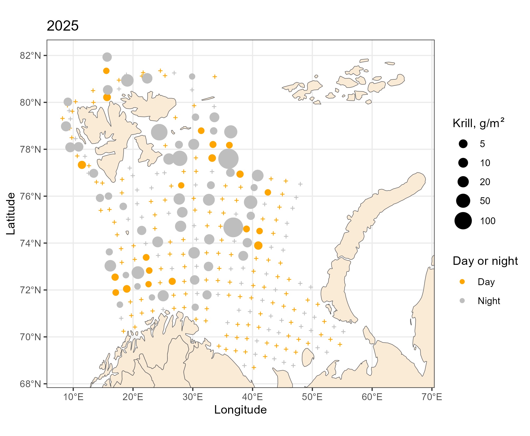 Figure 5.3.2. Krill distribution (wet weight), based on pelagic trawl stations covering the upper water layer (0-60 m), in the Barents Sea in August-October 2025.