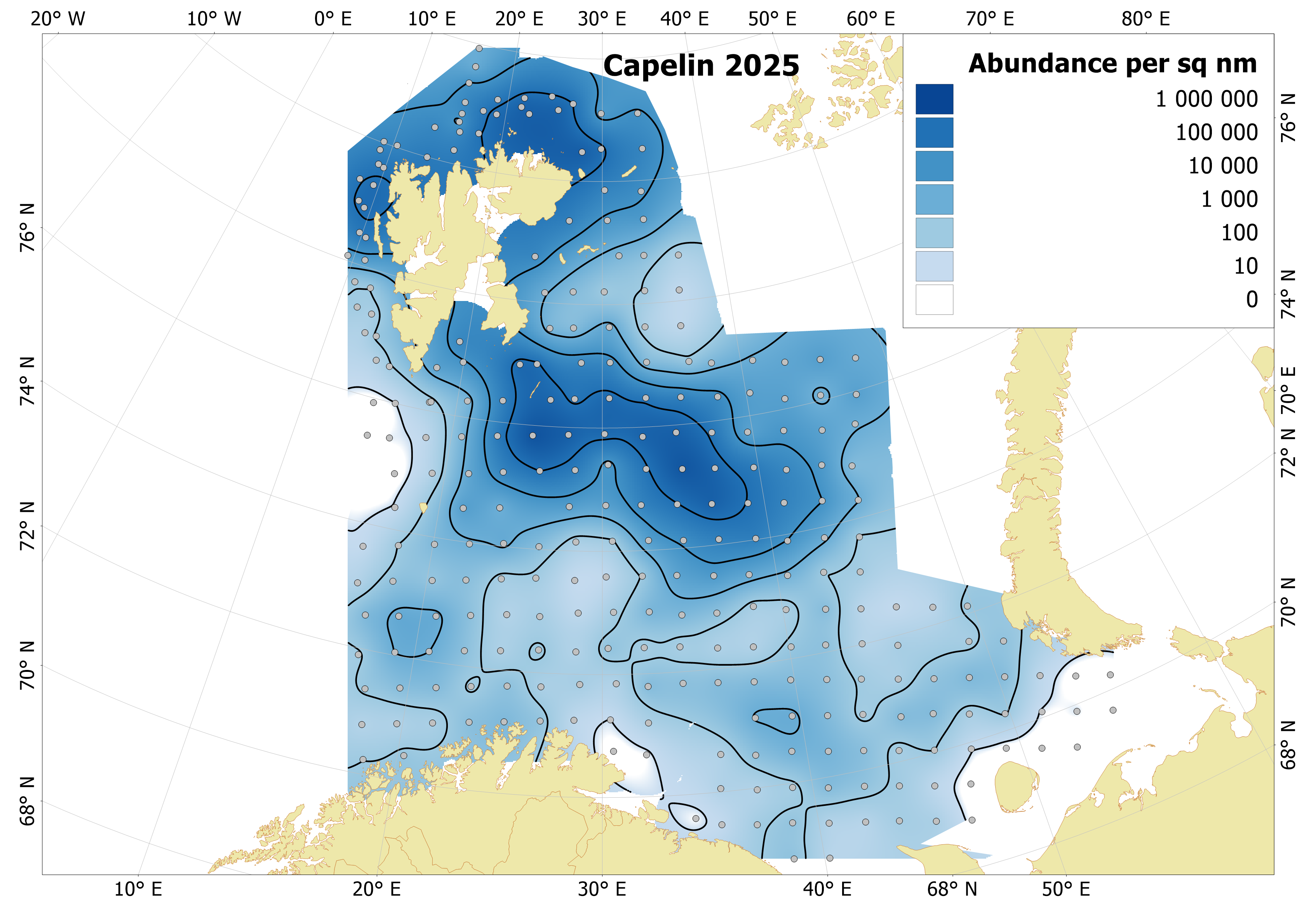 Figure 6.1.1. Distribution of 0-group capelin, August-September 2025. Variations of blue color indicate fish densities, while the dots indicate sampling locations.