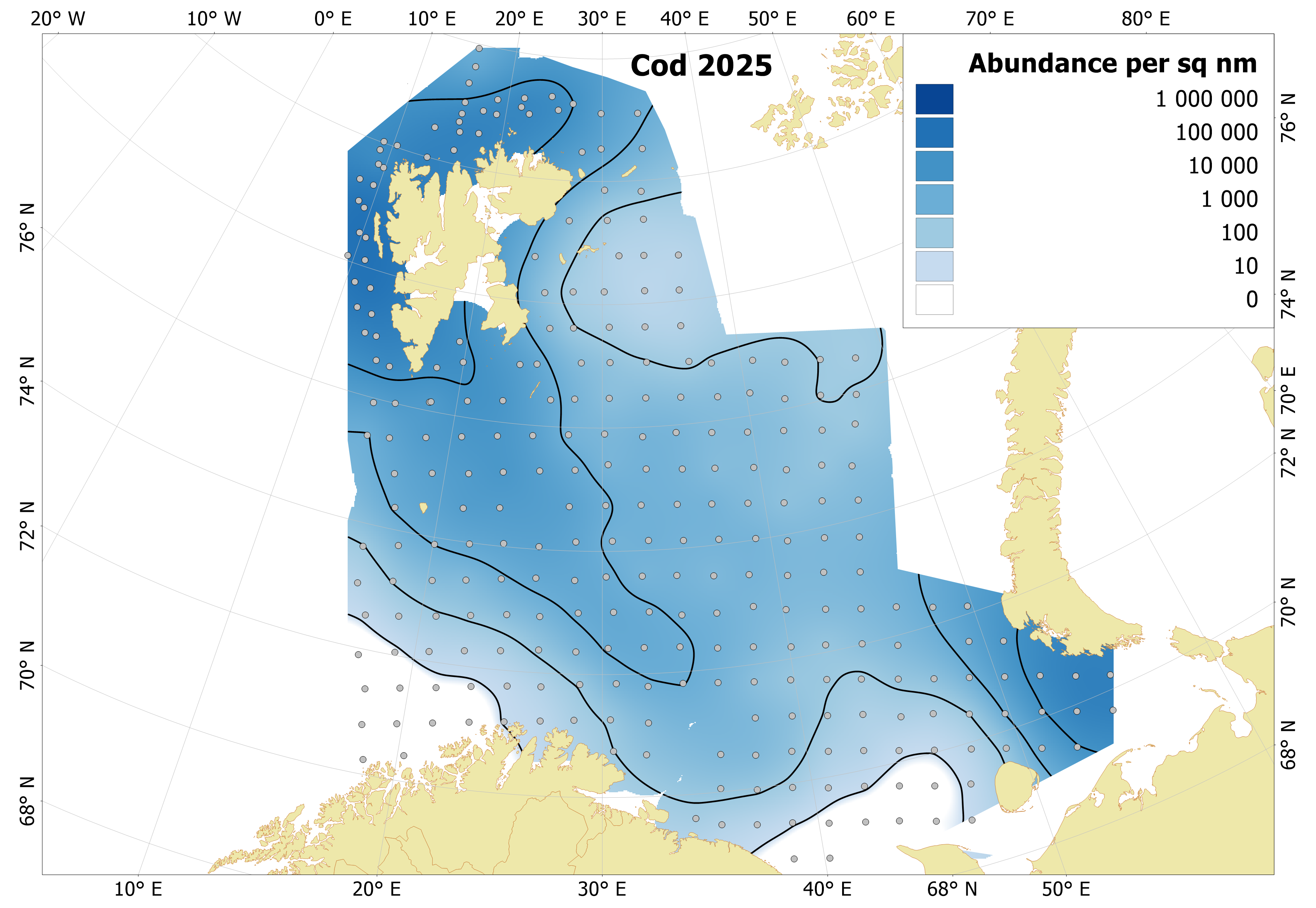 Figure 6.2.1. Distribution of 0-group cod, August-September 2025. Variations of blue color indicate fish densities, while the dots indicate sampling locations.