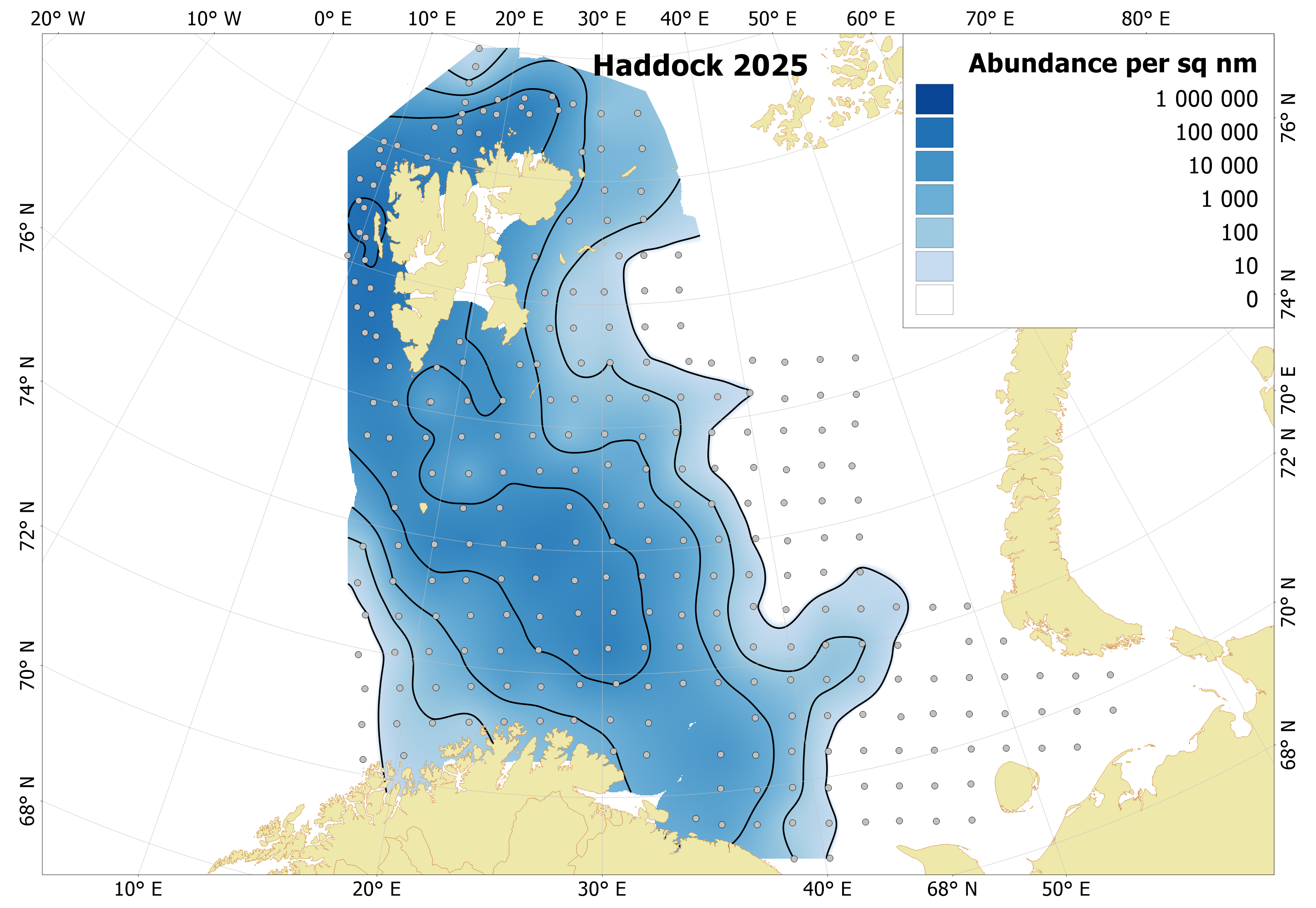 Figure 6.3.1. Distribution of 0-group haddock, August-September 2025. Variations of blue color indicate fish densities, while the dots indicate sampling locations.