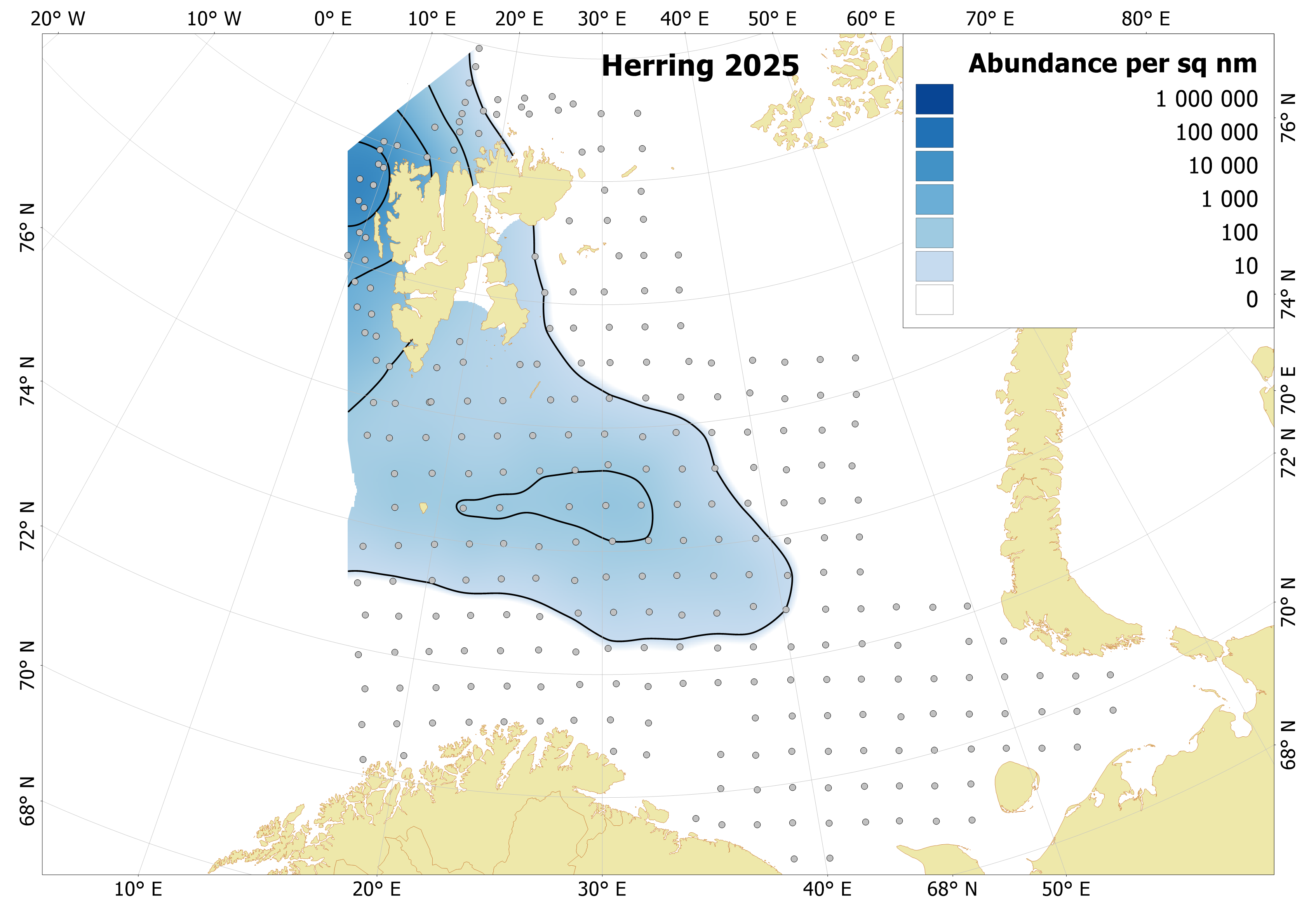 Figure 6.4.1. Distribution of 0-group herring, August-September 2025. Variatons of blue color indicate fish densities, while the dots indicate sampling locations.