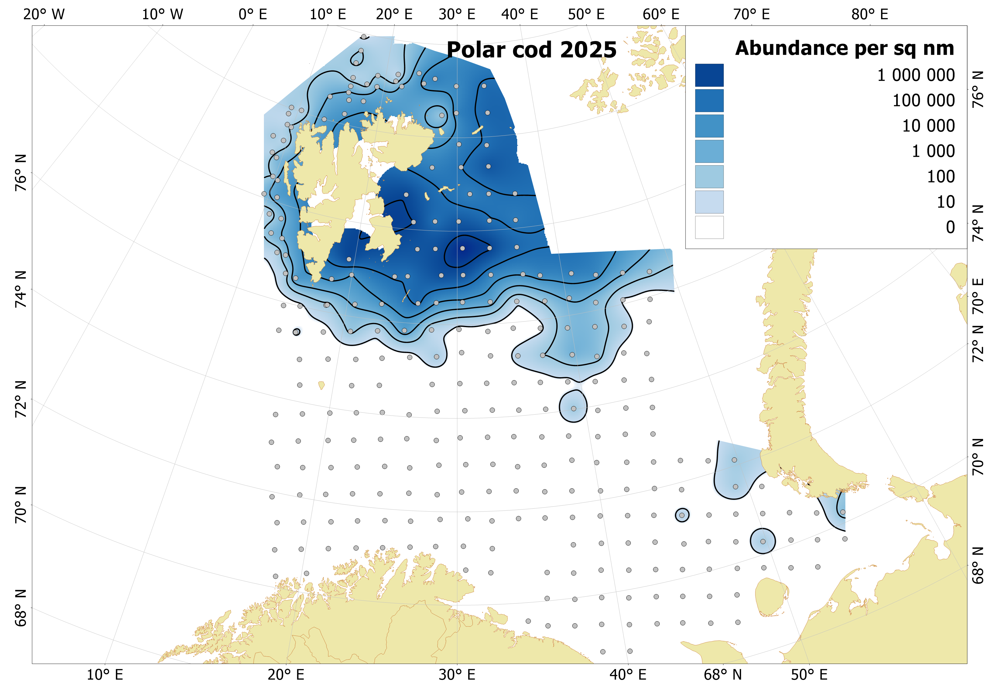 Figure 6.5.1. Distribution of 0-group polar cod, August-September 2025. Variations of blue color indicate fish densities, while the dots indicate sampling locations.