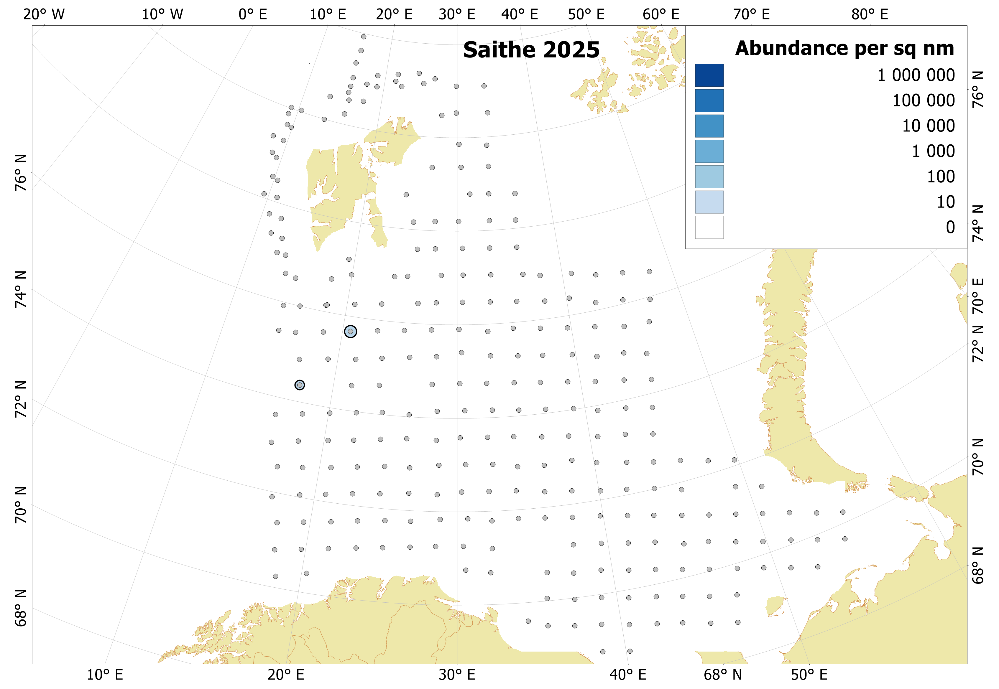 Figure 6.6.1. Distribution of 0-group saithe, August-September 2025. Variations of blue color indicate fish densities, while the dots indicate sampling locations.