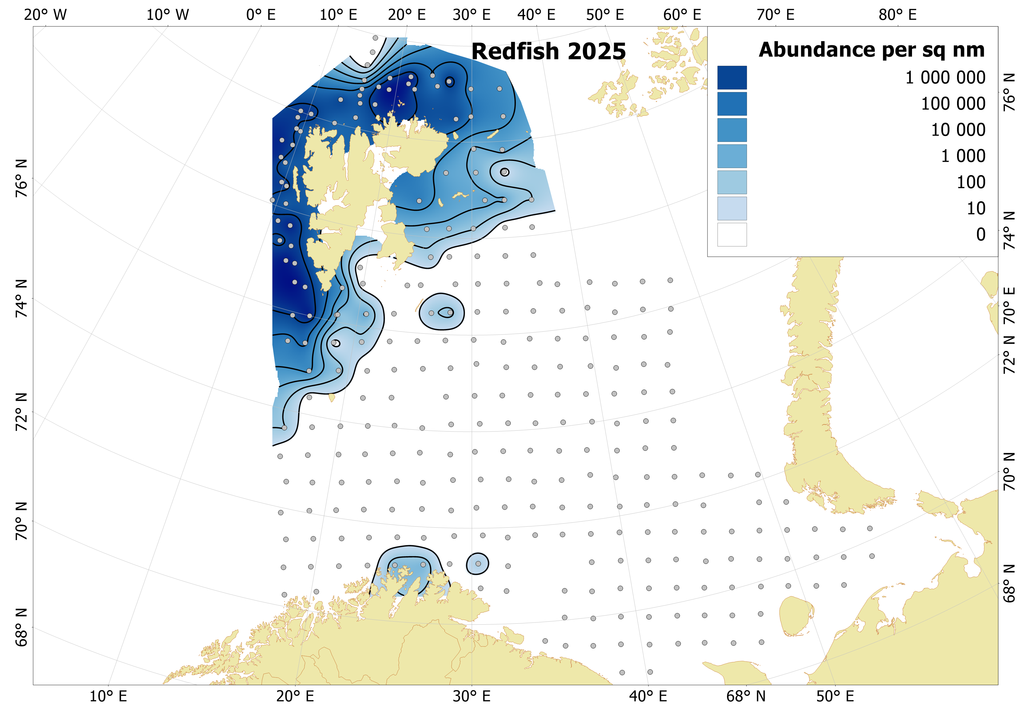 Figure 6.7.1. Distribution of 0-group redfish (mostly Sebastes mentella) in August-September 2025. Variations of blue color indicate fish densities, while the dots indicate sampling locations.