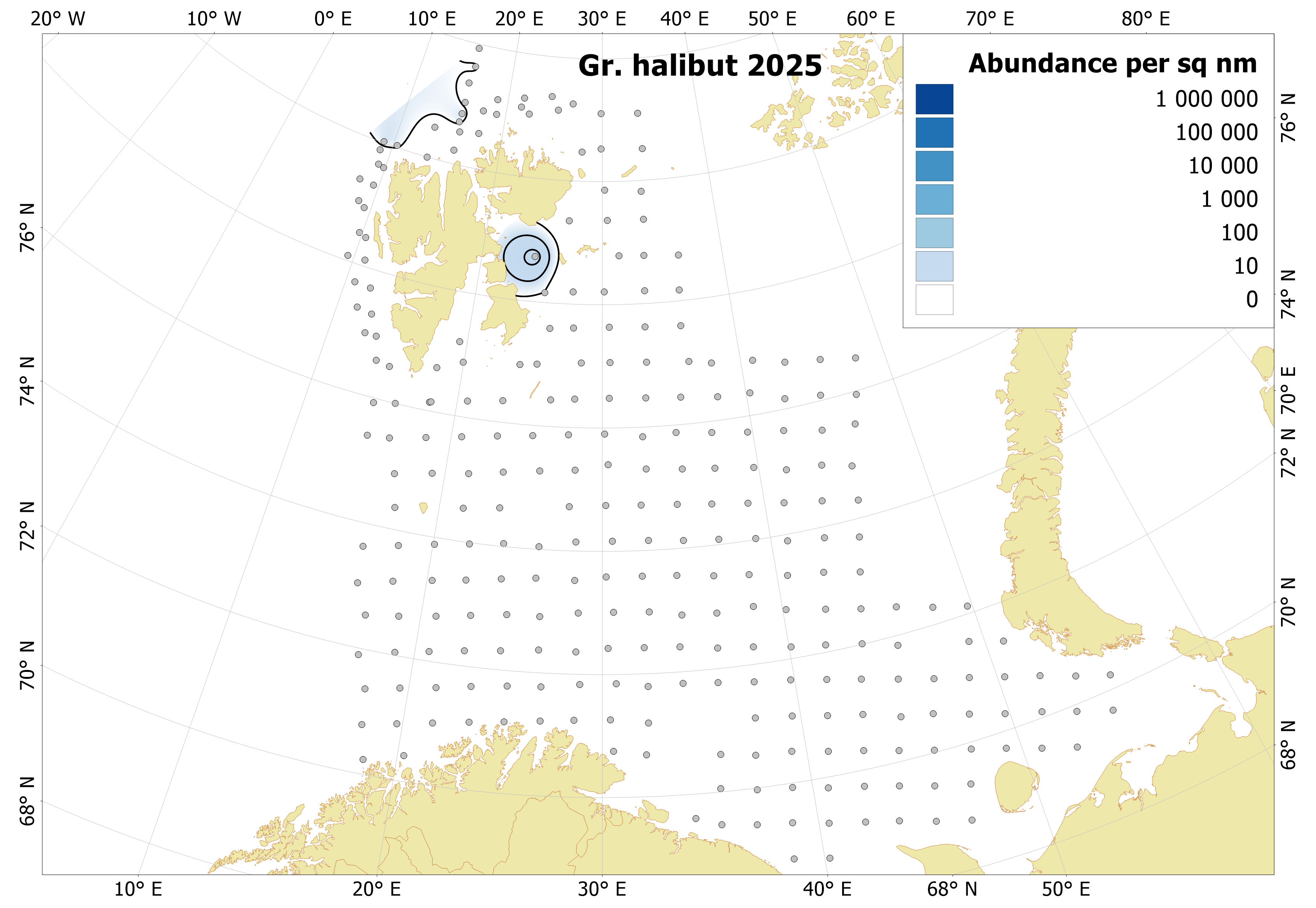 Figure 6.8.1. Distribution of 0-group Greenland halibut, August-September 2024. Variations of blue color indicate fish densities, while dots indicate sampling locations.