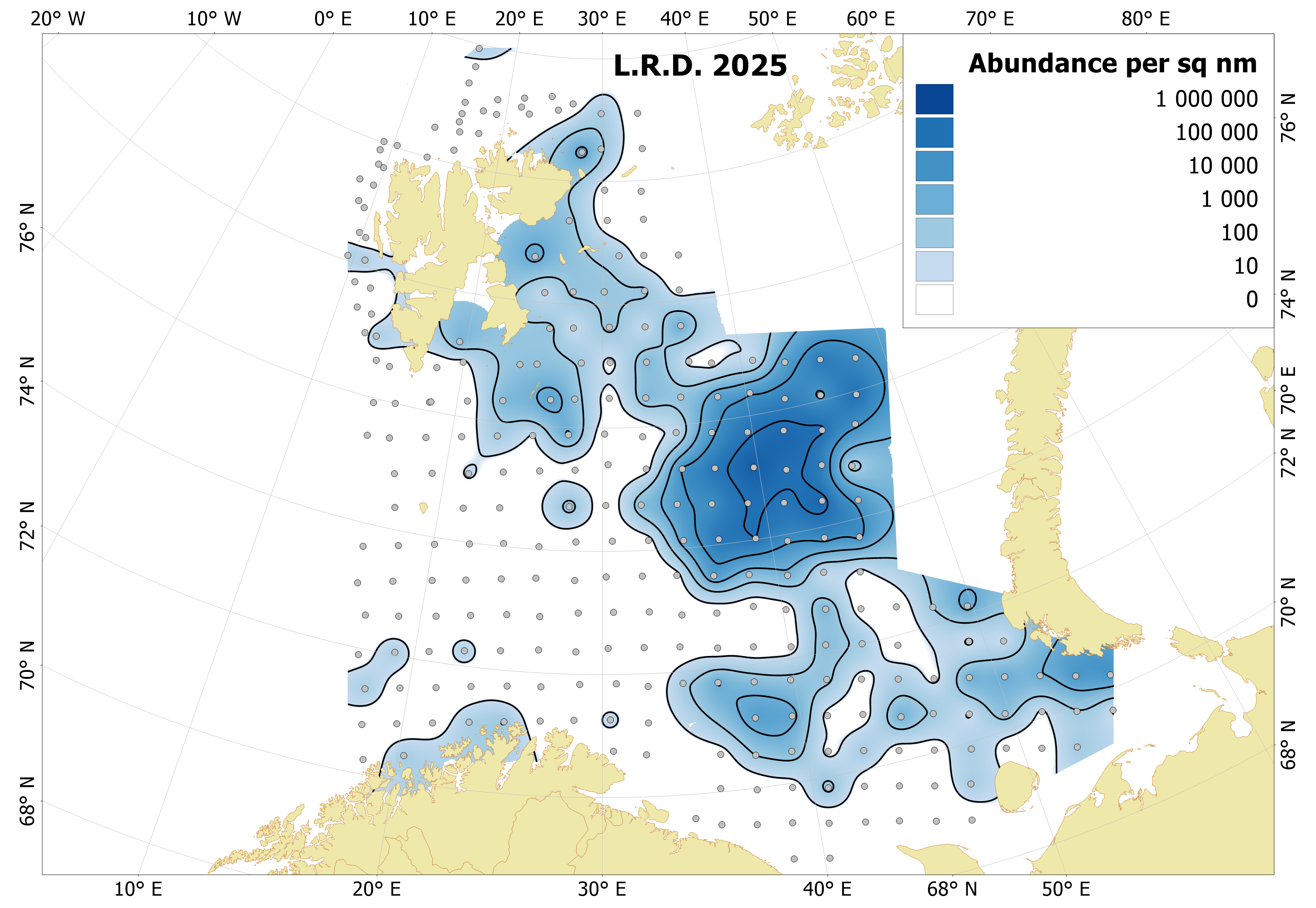 Figure 6.9.1. Distribution of 0-group long rough dab, August-September 2025. Variations of blue color indicate fish densities, while dots indicate sampling locations.