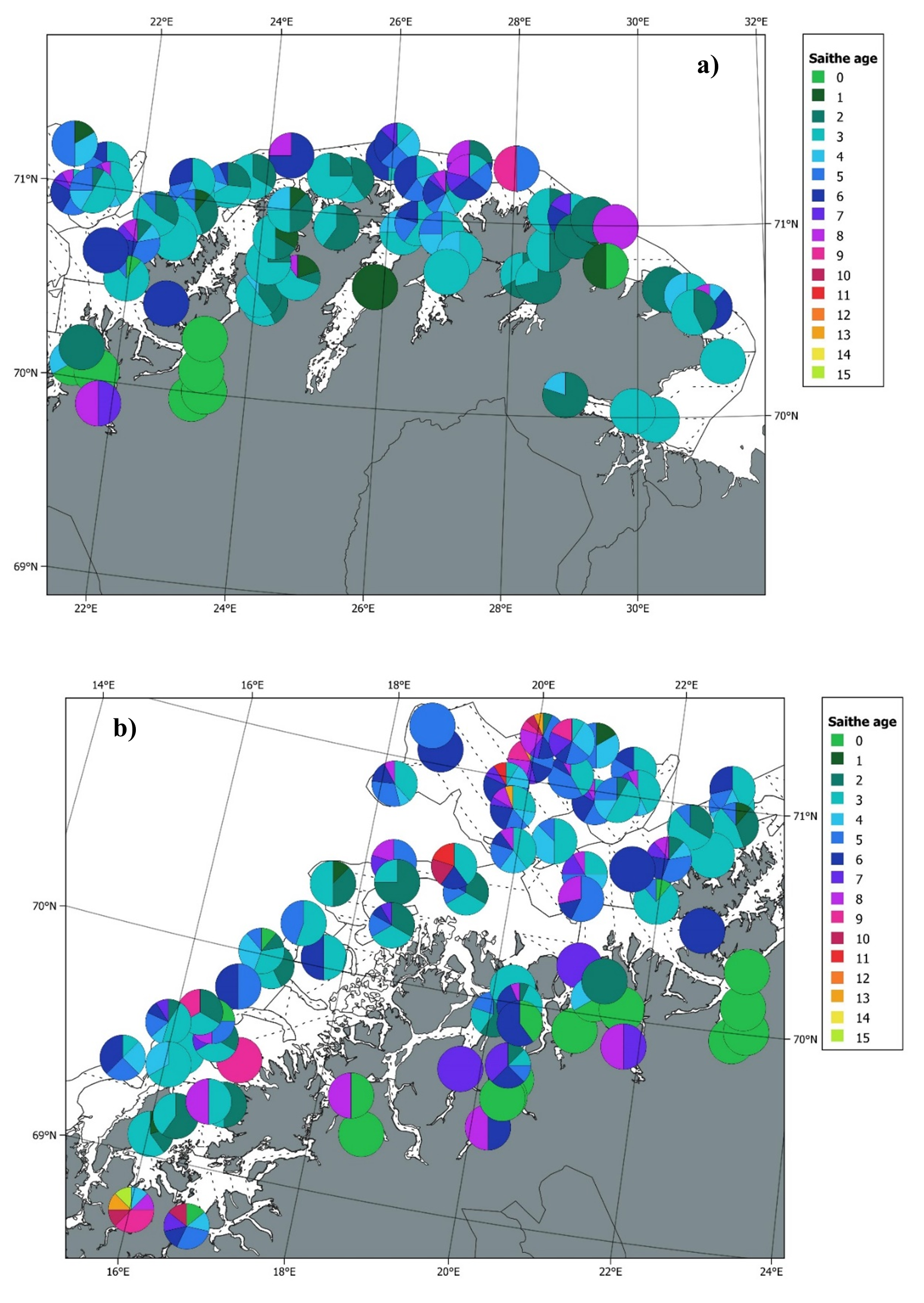 proporsjoner av sei per aldersgruppe og stasjon – a) Finmark og b) Troms