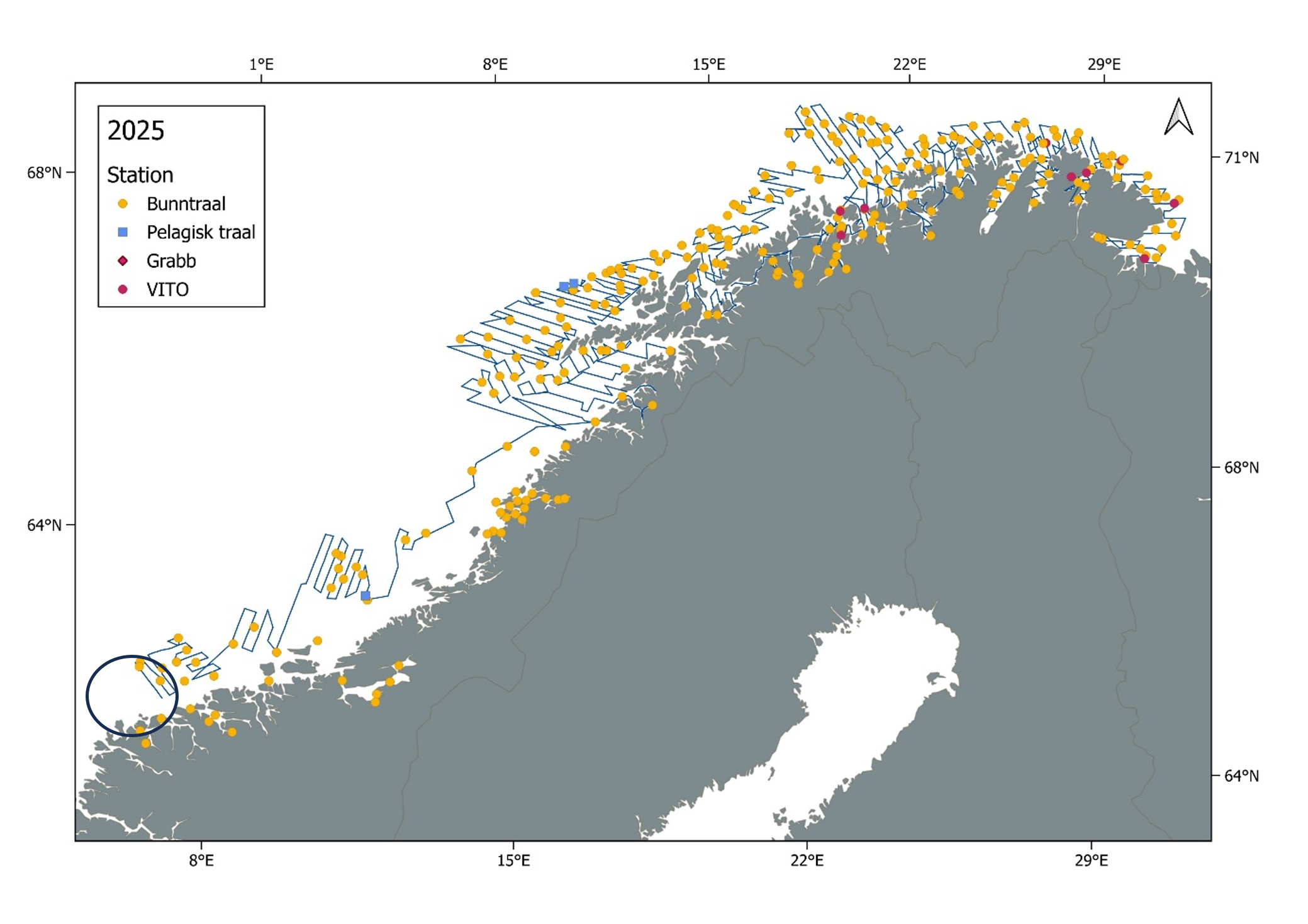 Kurser og stasjoner gjennomført på kysttoktet i 2025. Sirkel viser område Aktivneset og Stadthavet som  ikke blir dekket i 2025.