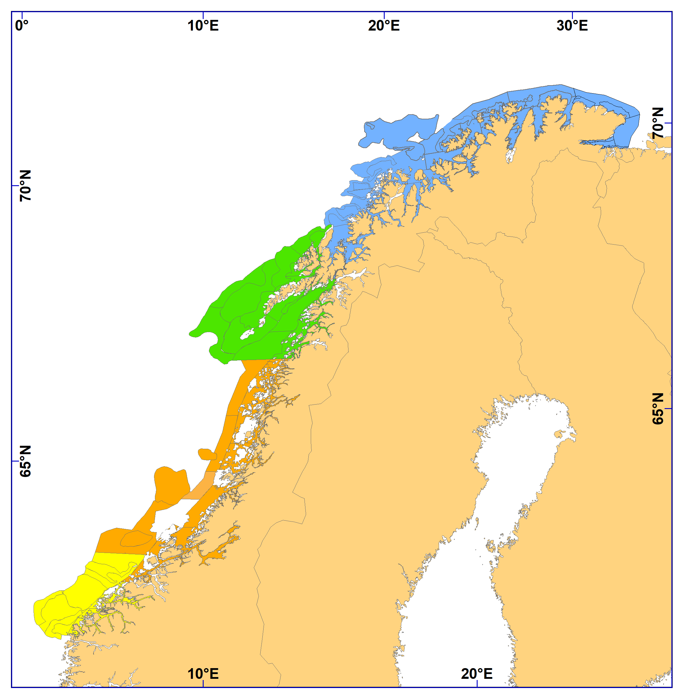 Strata og underområde (A - blå, B - grønn, C - oransje og D - gul) brukt i estimering av akustiske indekser for NØA sei med StoX. 