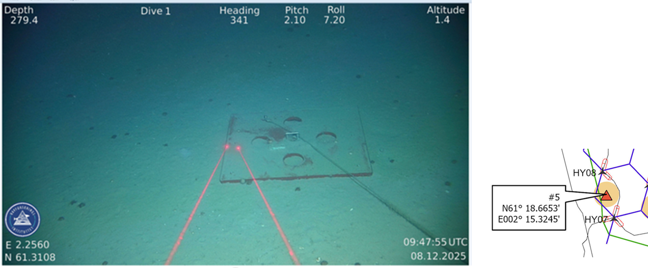 Figure 2. Left: Picture of Lander bottom frame, taken by ROV Freyja during pick up at Hywind Tampen. Right: Position of Lander at Hywind Tampen, depth is 280 m.