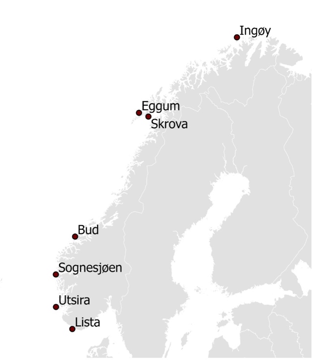 Figur 2.1. Havforskningsinstituttets overvåkningsstasjoner langs kysten.