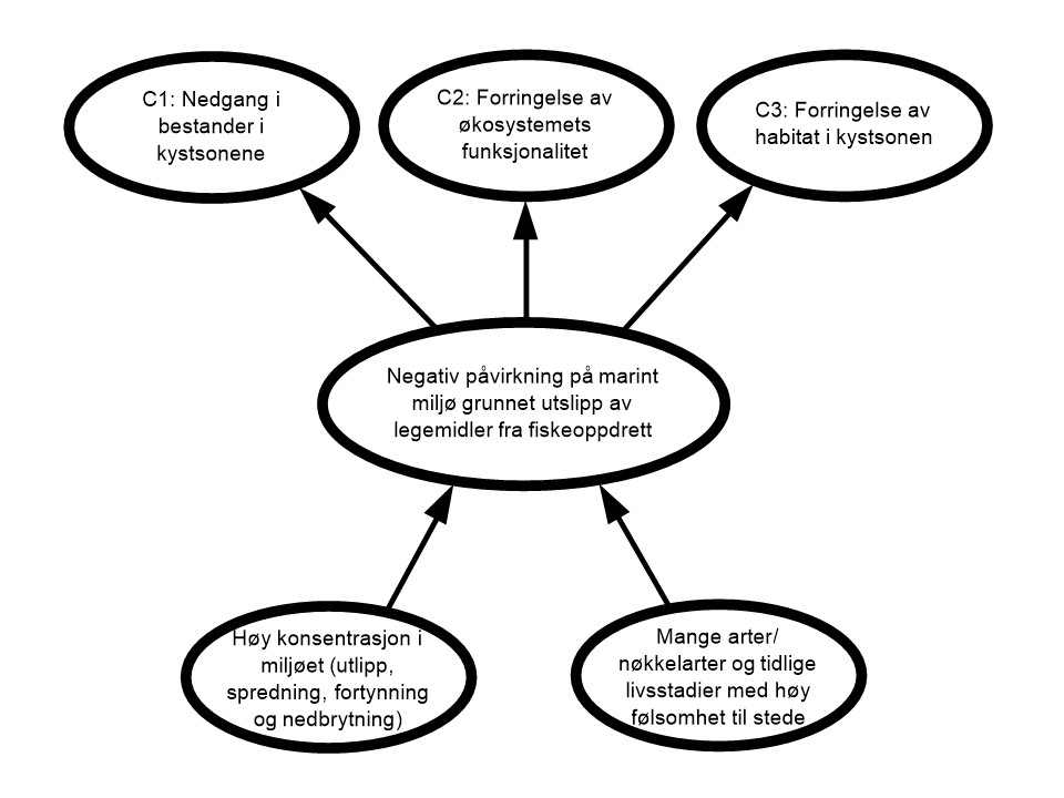 Figur 5.5. Visualisering av risiko for negativ påvirkning på marint miljø grunnet utslipp av legemidler fra fiskeoppdrett