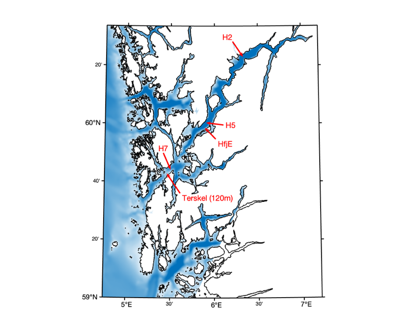 Figur 2.4. Kart over Hardangerfjorden og posisjonen til overvåkingsstasjonene H2 og H5.