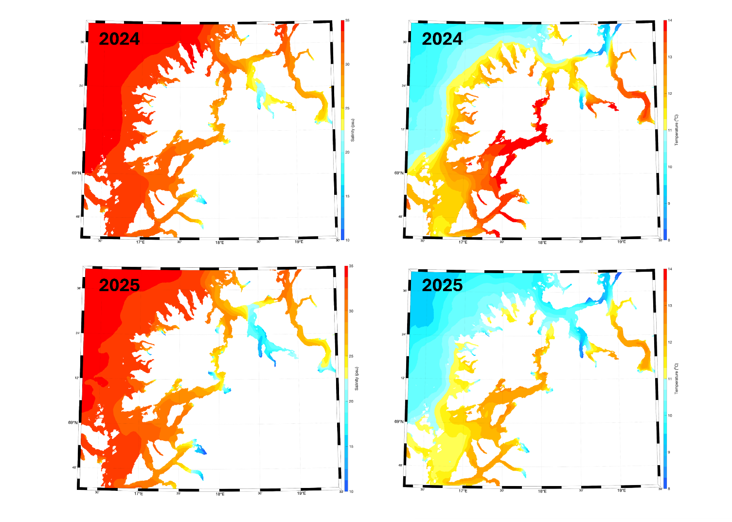Four-panel map showing spatial gradients across a coastal fjord system, with color shading indicating two different ocean surface variables across two years.