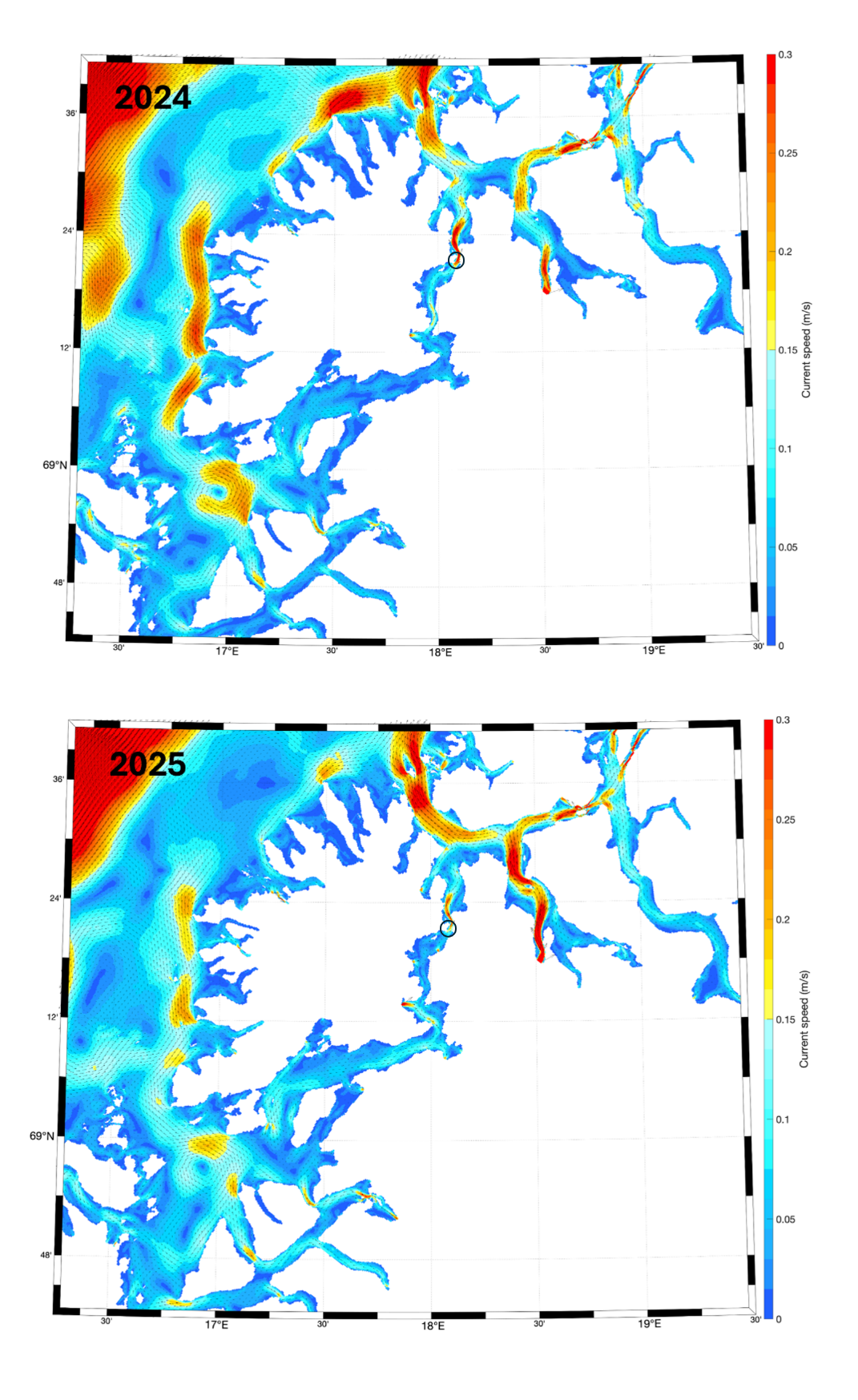 Coastal map with color shading showing spatial variation in surface current speed, overlaid with vector arrows indicating flow direction across fjord channels. A marked point indicates a fixed location within the domain.