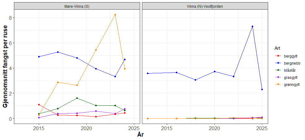 Gjennomsnittlig fangst av leppefisk i Garn-Ruse tokt Møre-Nordland 2013-2025. De to områdene har blitt fisket annethvert år, bortsett fra 2024 da begge ble fisket. 