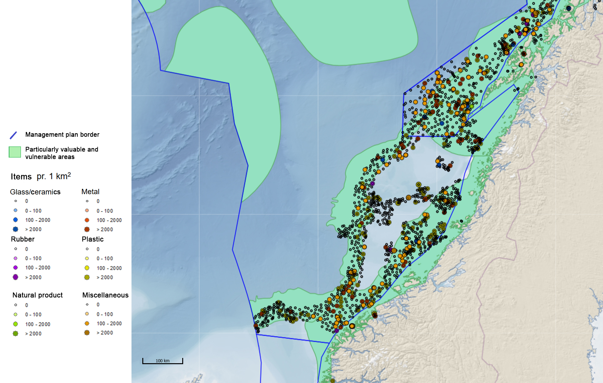 Figure 18. Distribution of litter on the seabed in the Norwegian Sea recorded in the field by the mapping program Mareano (www.mareano .no). Green areas indicate particularly valuable and vulnerable areas (SVO) defined by 'Faglig forum' (Eriksen et al. 2021).