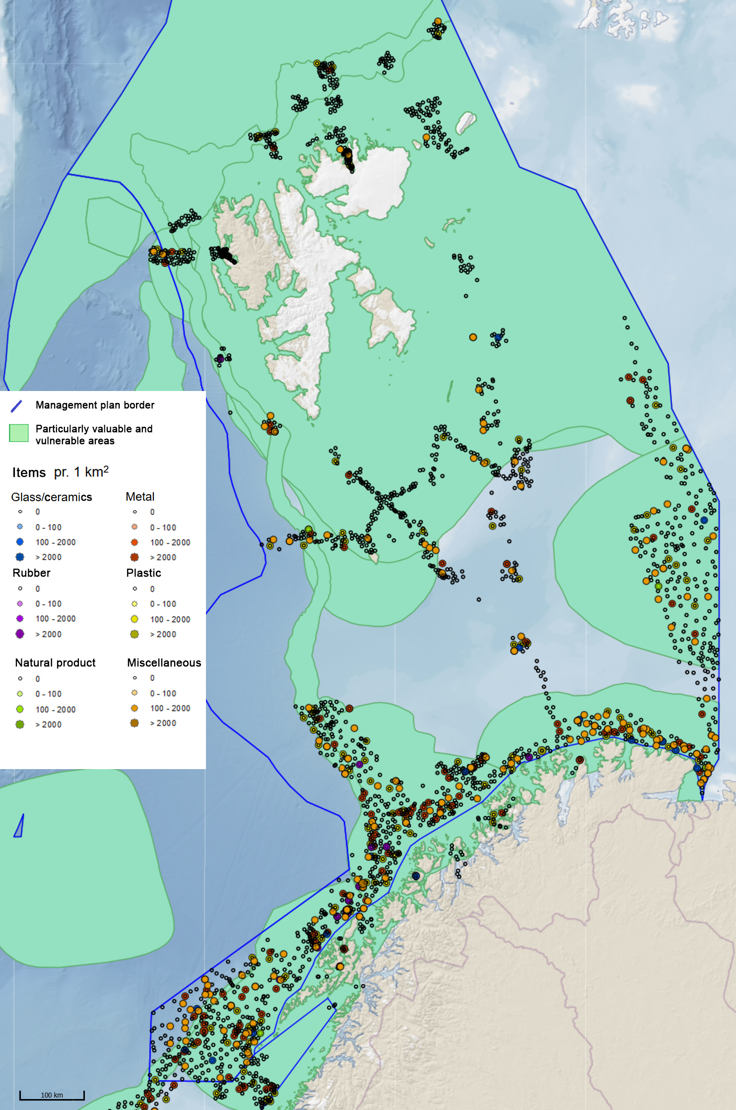 Figure 19. Distribution of litter on the seabed in the Barents Sea recorded in the field by the mapping program Mareano (www.mareano .no). Green areas indicate particularly valuable and vulnerable areas (SVO) defined by 'Faglig forum' (Eriksen et al. 2021).