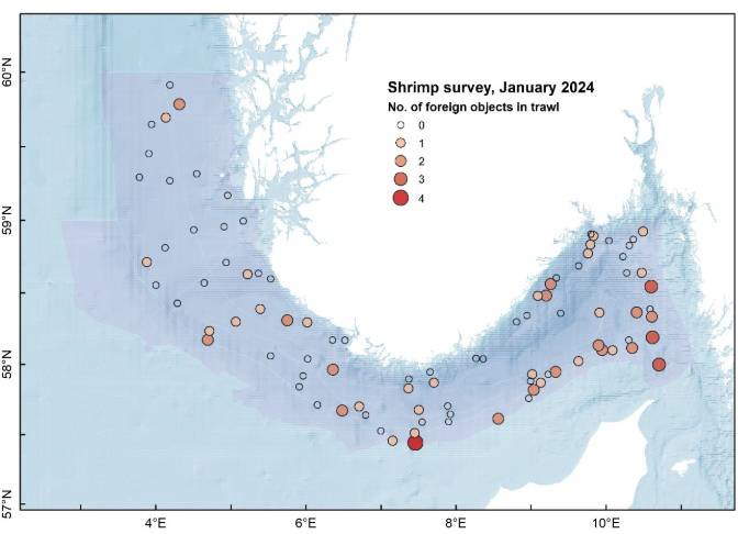 Figure 17. The map shows the occurrence and amount of litter recorded in trawls from the shrimp stock monitoring conducted in 2024, source: Søvik et al. 2024).