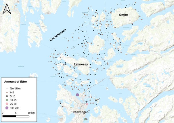 Figure 5. Video transects with and without observed litter in Marine Base Map surveys in Stavanger and parts of the Ryfylke fjords. Data retrieved from GeoNorge.