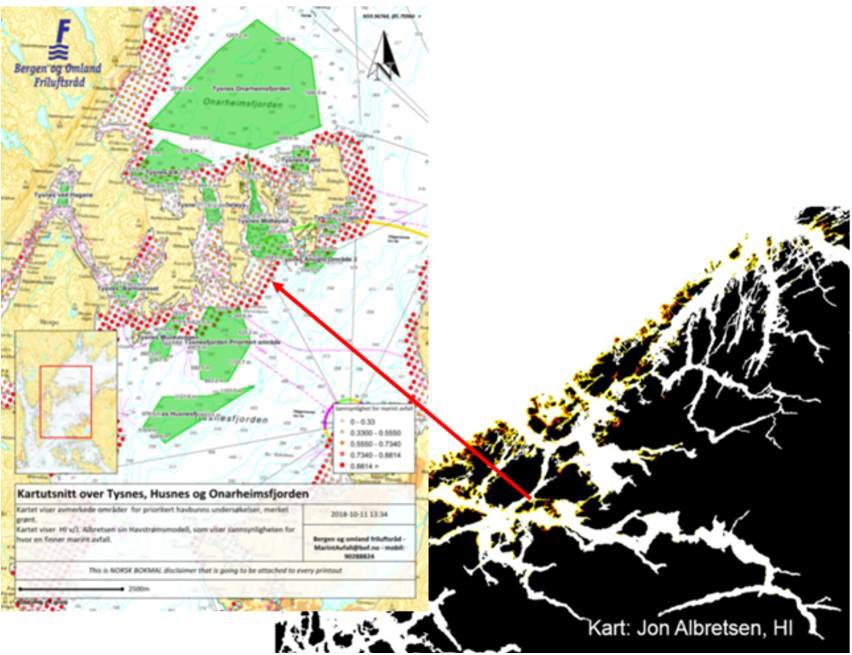 Figure 9. Red dots indicate areas with a high probability of litter stranding, based on the Ocean Current Model (J. Albretsen, Institute of Marine Research). Retrieved from Buhl-Mortensen & Buhl-Mortensen, 2023.