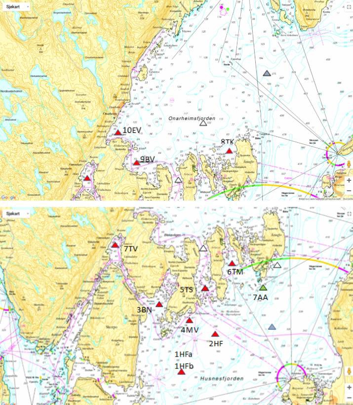 Figure 11. The maps show the 10 locations that were surveyed, marked with red triangles; the station marked with a green triangle had to be abandoned due to strong winds. Planned stations that were not visited are marked with a white triangle. Blue triangles are locations that were surveyed by the "Epigraph" project (Buhl-Mortensen & Buhl-Mortensen, 2014).