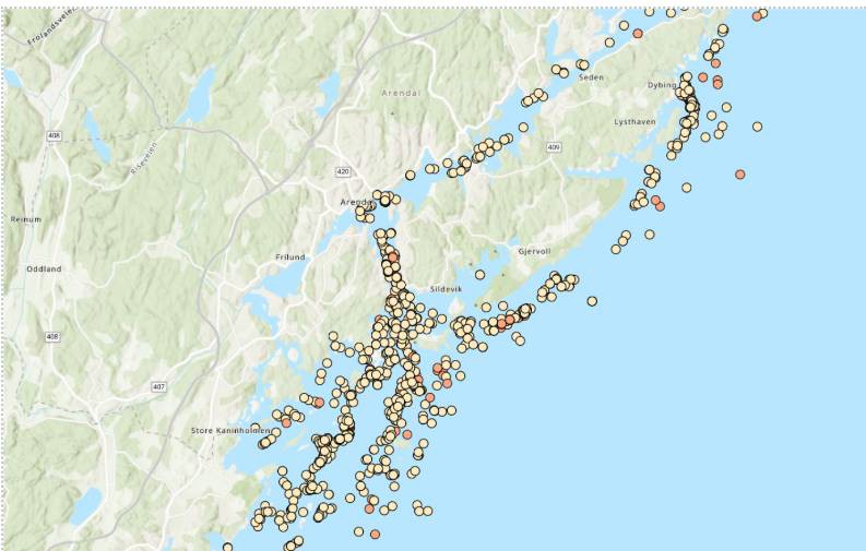 Figure 24. Map of lost gear in and around Raet National Park outside Arendal. Source: teinevett.no (Havforskningsinstituttet, 2023). Yellow dots indicate gear retrieved before 2023, orange dots are gear retrieved in 2023 and red dots are gear retrieved in 2024.