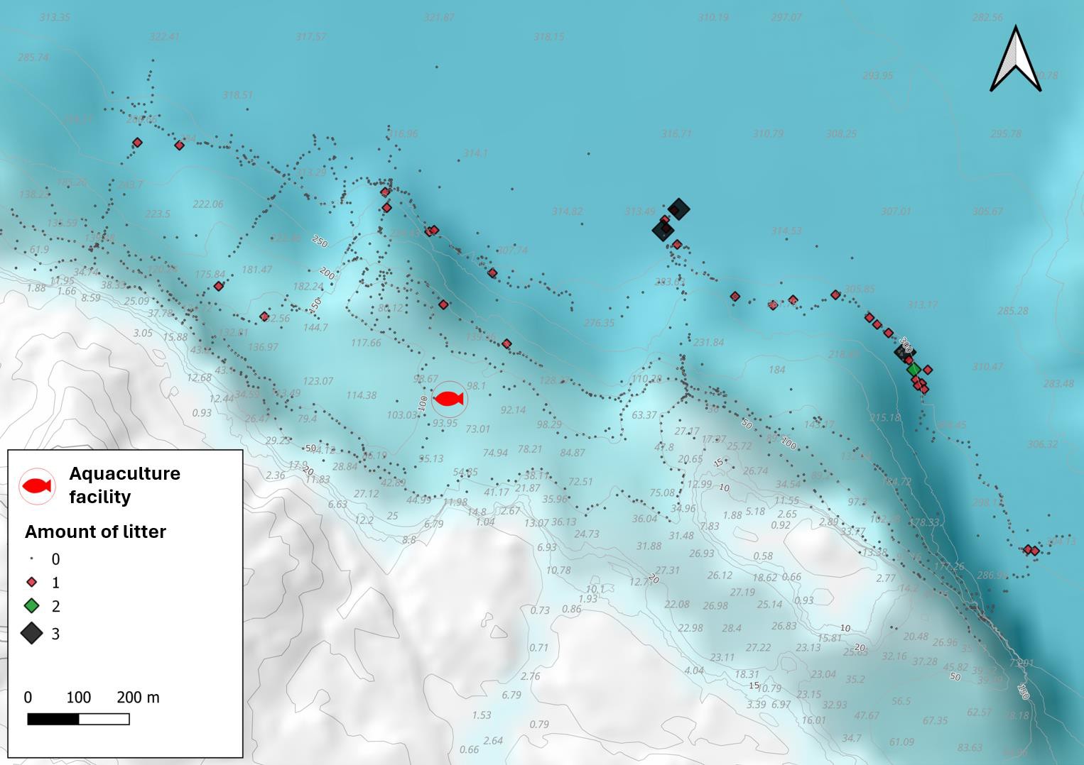 Figure 25. Distribution of litter near fish farms based on image analysis. Data taken from master's thesis (Vabø, 2021).