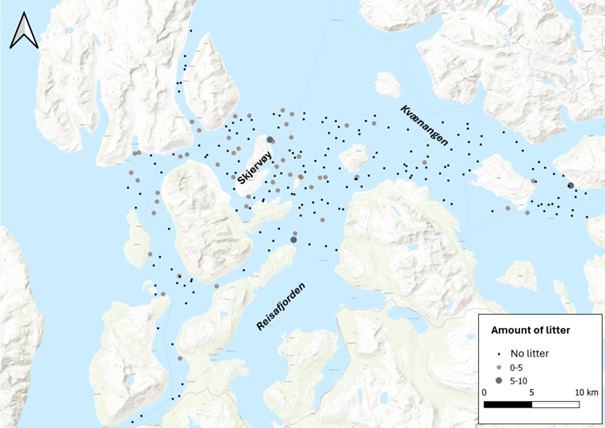 Figure 4. Video transects with and without observed litter in Marine Base Map surveys in Northern Troms. Data retrieved from GeoNorge.