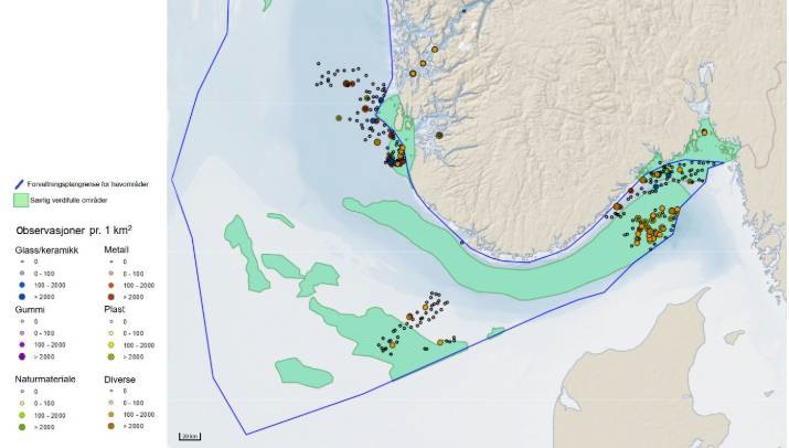 Figure 16. Distribution of litter on the seabed in the North Sea recorded in the field by the mapping program Mareano (www.mareano .no). Green areas indicate particularly valuable and vulnerable areas (SVO) defined by a professional forum (Eriksen et al. 2021).