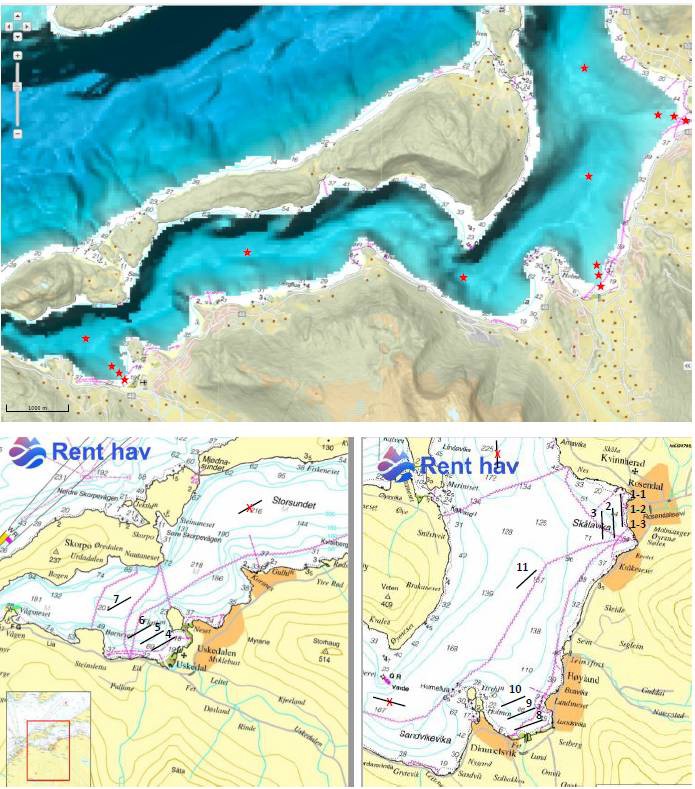 Figure 7. At the top, a bathymetric map showing the 14 planned ROV locations (red stars), rivers and settlements. Below is the location of the ROV lines that were completed with the numbers (1-11) on them, red crosses mark those that were not visited. Details are given in Tables 5-7. Retrieved from Buhl-Mortensen, 2023.