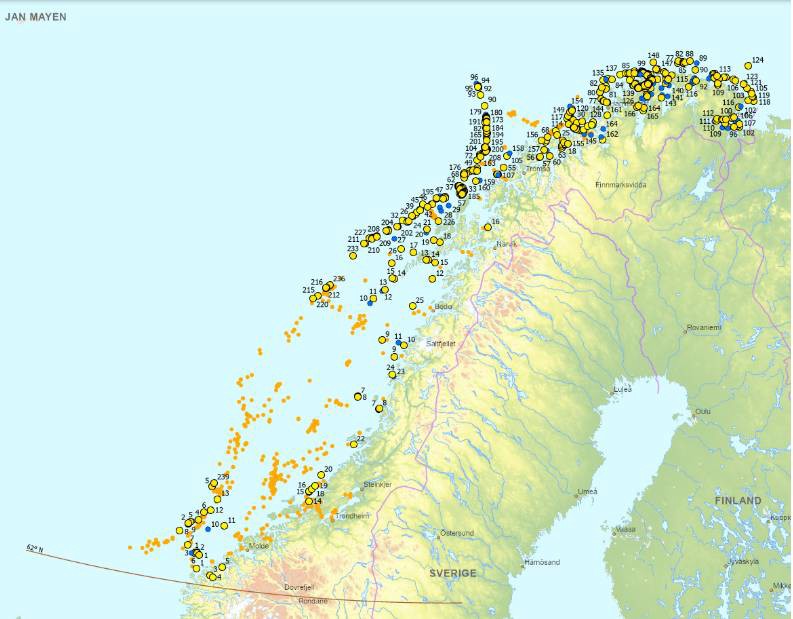Figure 21. Data from the cleanup expedition of the Directorate of Fisheries from 2017 - 2024. Yellow symbols are stations with findings. Orange symbols show the occurrence of coral reefs. Figure taken from Langedal and Skaar, 2023.