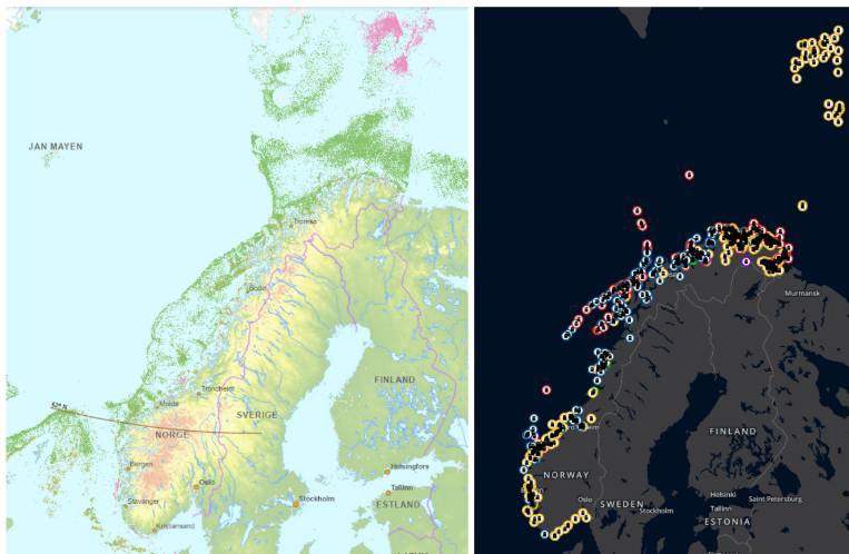 Figure 22. Overview of fishing activity nationally (left), and overview of reported lost gear in Barentswatch (right). Data obtained from the Directorate of Fisheries through the Directorate of Fisheries' mapping solutions (Fiskeridirektoratet, 2017), and BarentsWatch (BarentsWatch, 2015).