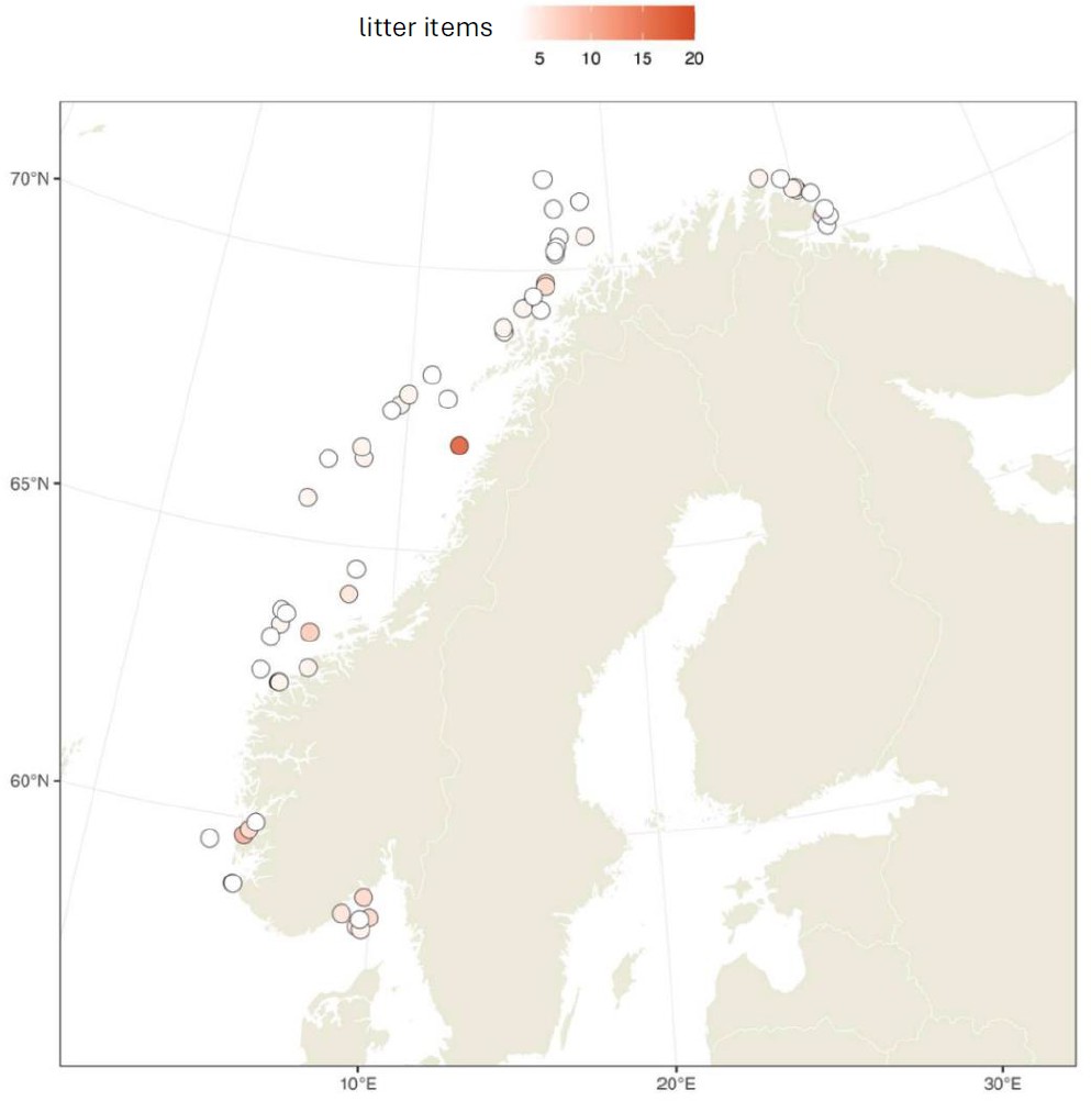 Figure 29. Location and litter density per transect where >3 items were reported in MAREANO 2006-2023. The total number of transects was 66.