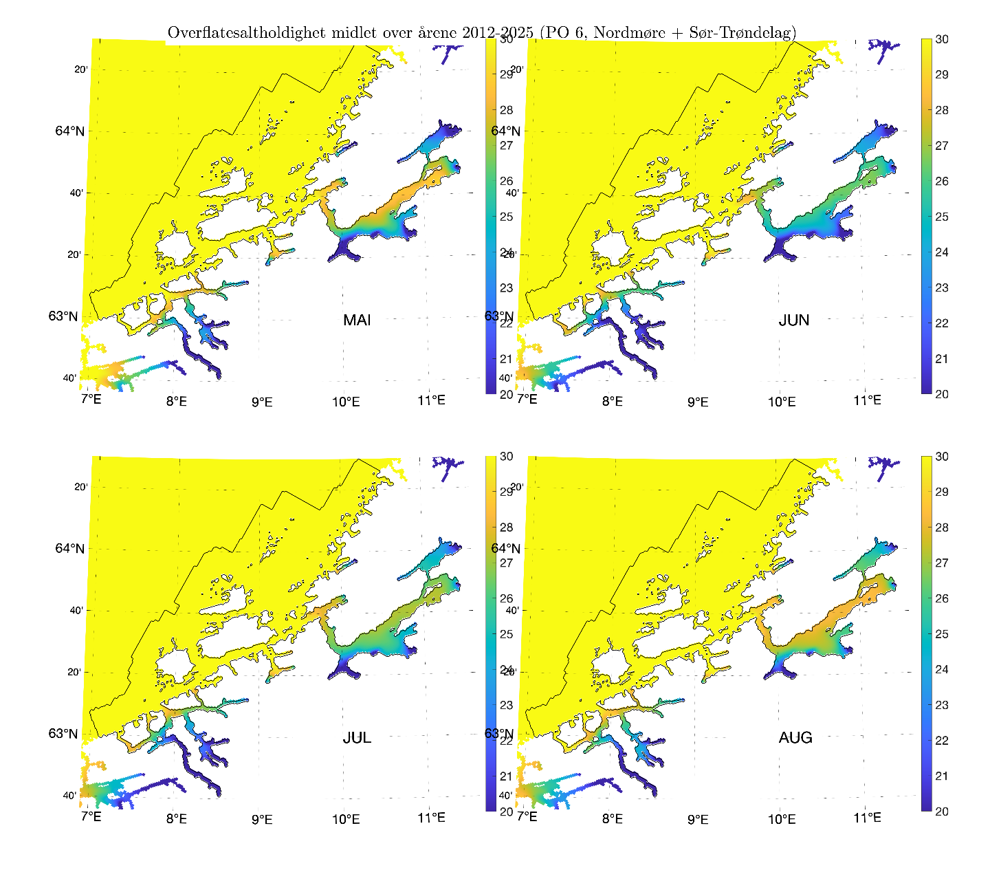 Figuren viser overflatesaltholdighet i produksjonsområdet midlet for årene 2012-2025 i henholdsvis mai, juni, juli og august.