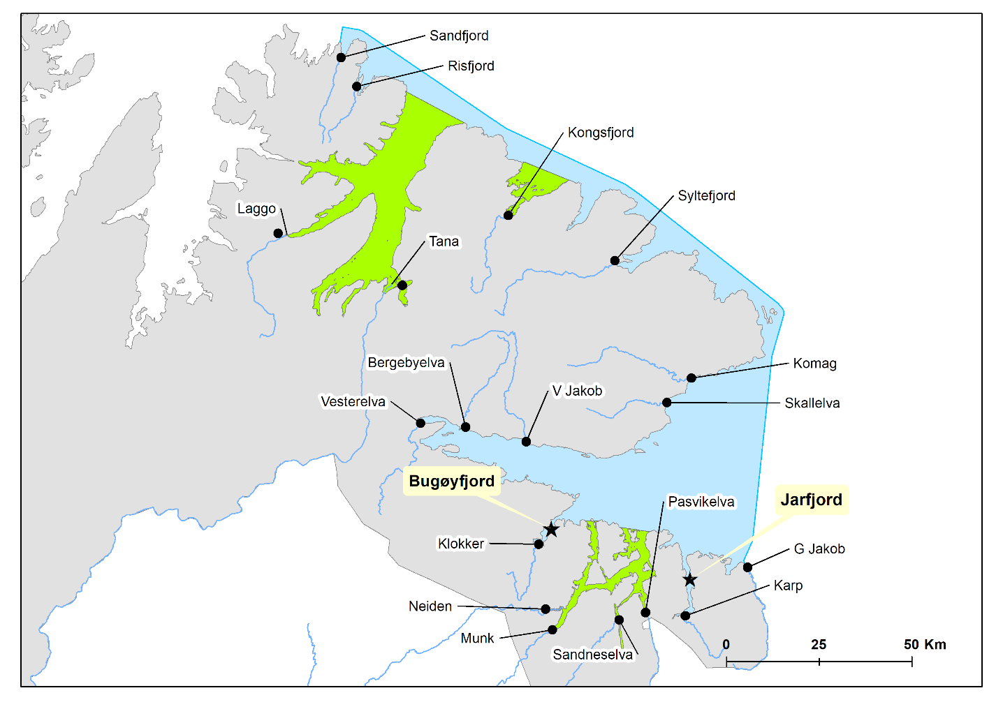 Figuren viser produksjonsområde 13 og undersøkte stasjoner er indikert sammen med nasjonale laksefjorder og lakseelver i området.
