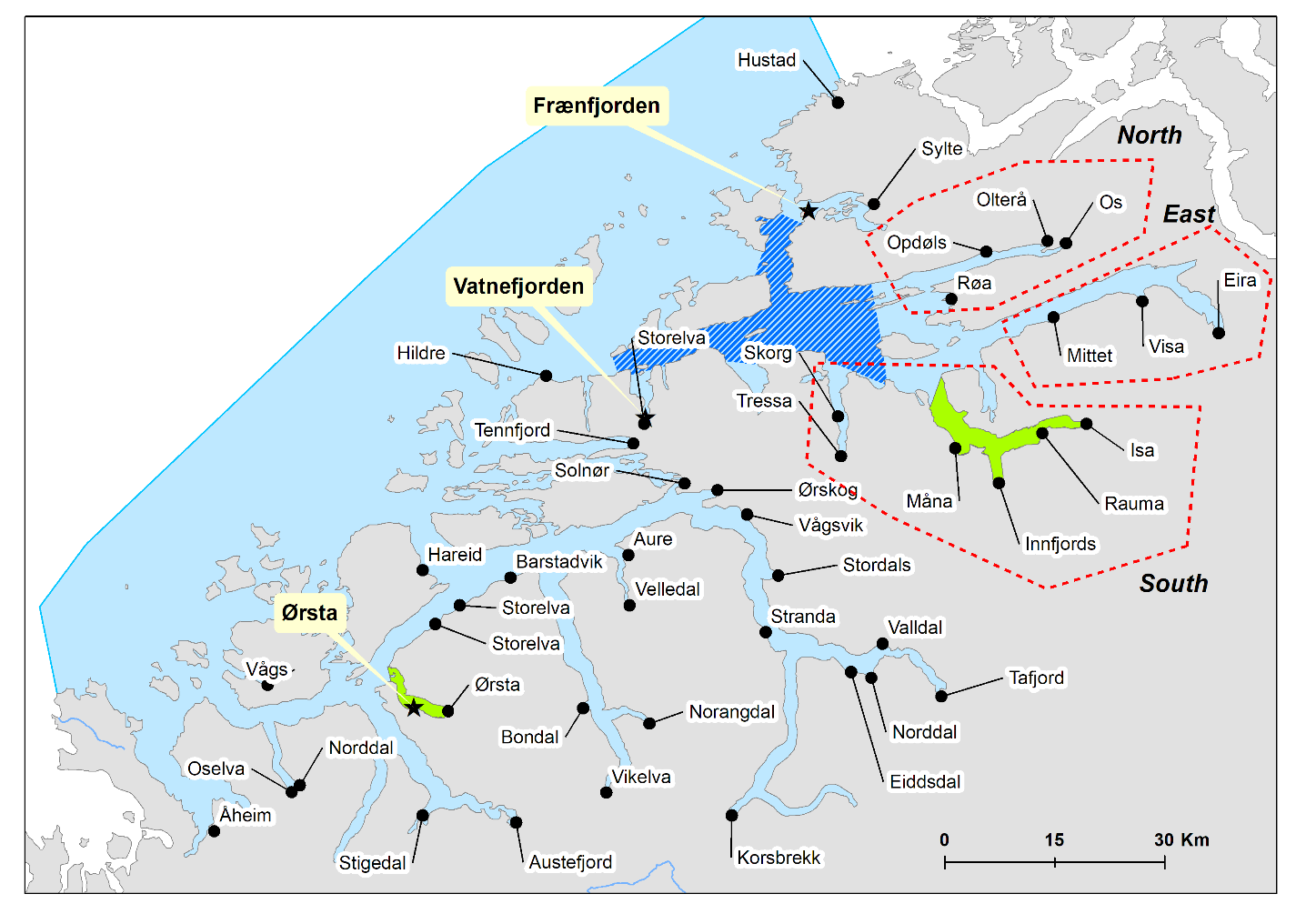 Figuren viser produksjonsområde 5 og undersøkte stasjoner er indikert sammen med nasjonale laksefjorder og lakseelver i området.
