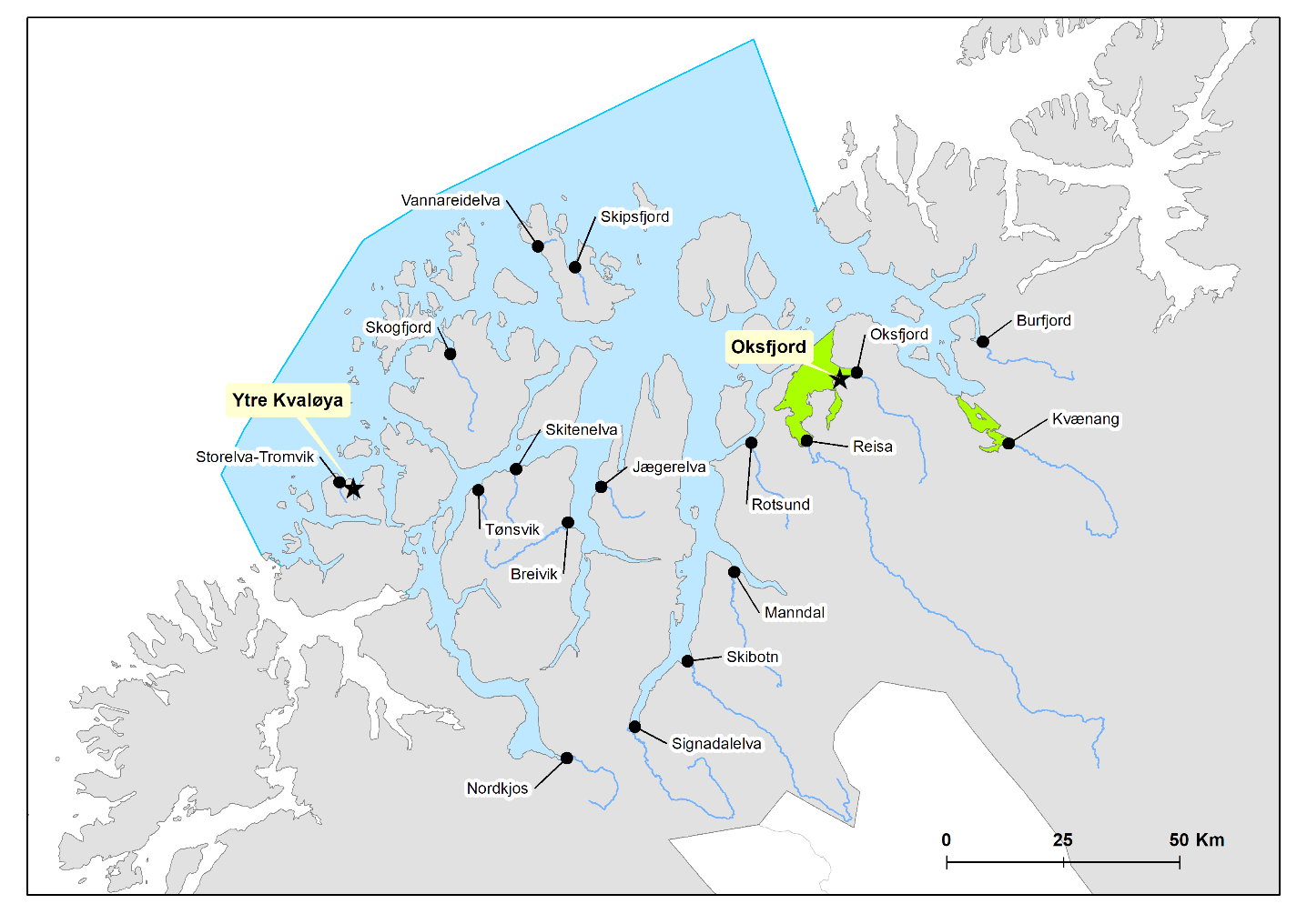 Figuren viser produksjonsområde 11 og undersøkte stasjoner er indikert sammen med nasjonale laksefjorder og lakseelver i området.