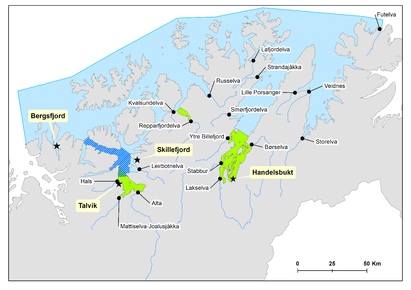 Figuren viser produksjonsområde 12 og undersøkte stasjoner er indikert sammen med nasjonale laksefjorder og lakseelver i området.