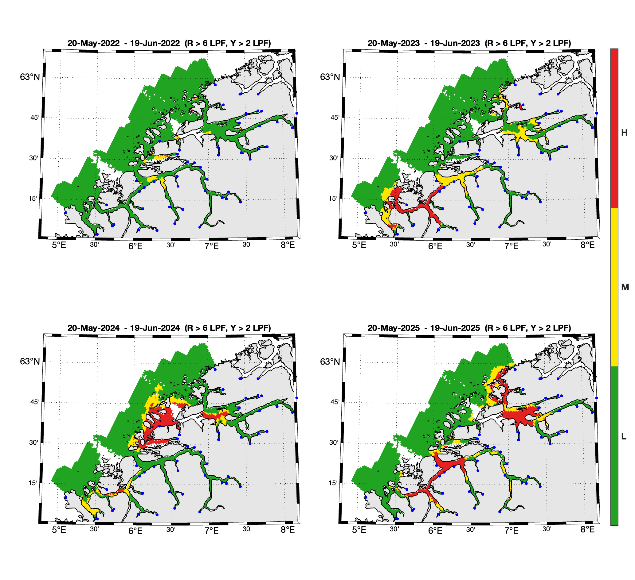 Figuren viser smittepress av lakseluslarver akkumulert over 30 dager og regnet om til ROC-karakterisering for de antatte vandringsrutene for laksesmolt i produksjonsområdet.