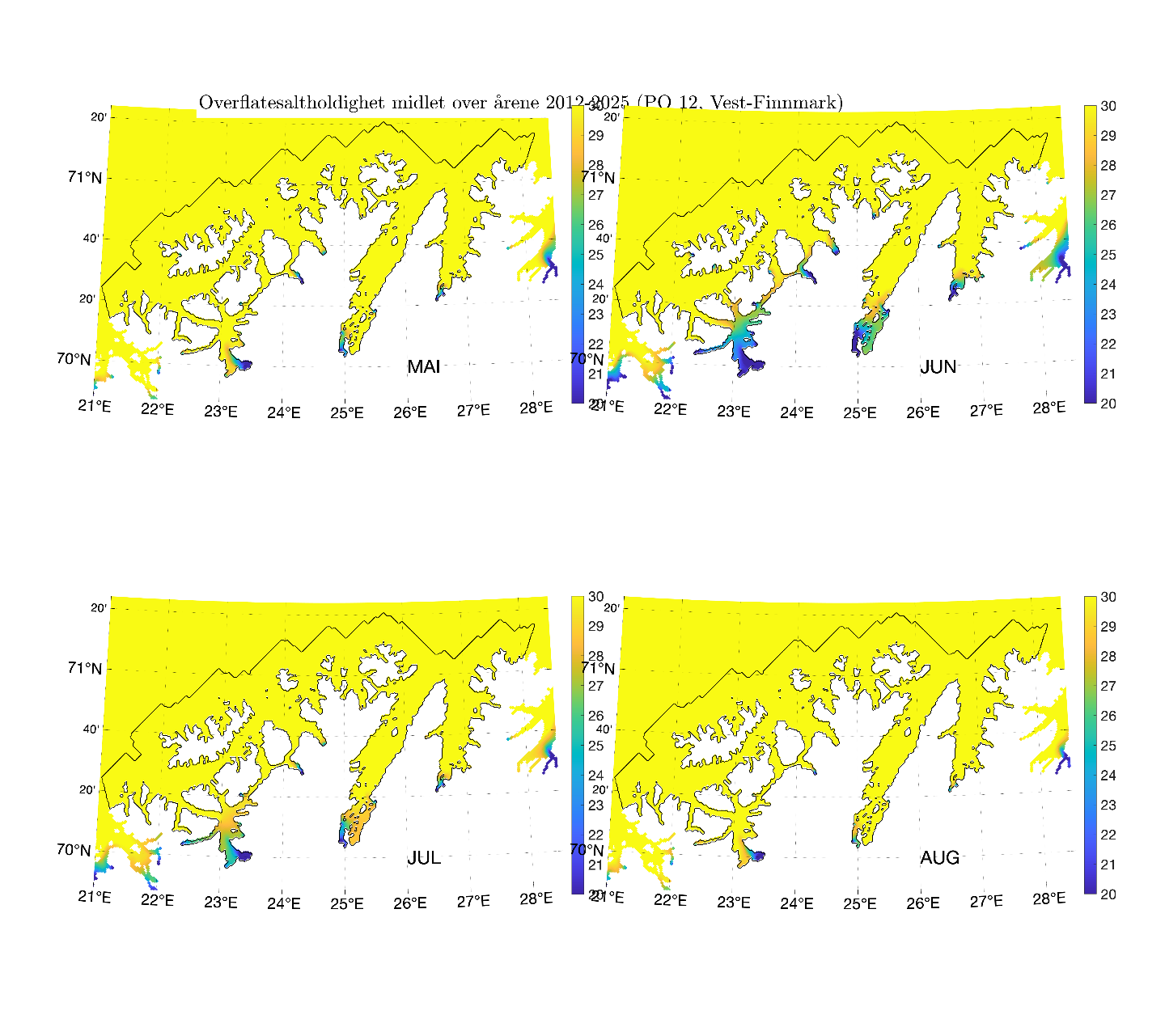 Figuren viser overflatesaltholdighet i produksjonsområdet midlet for årene 2012-2025 i henholdsvis mai, juni, juli og august.