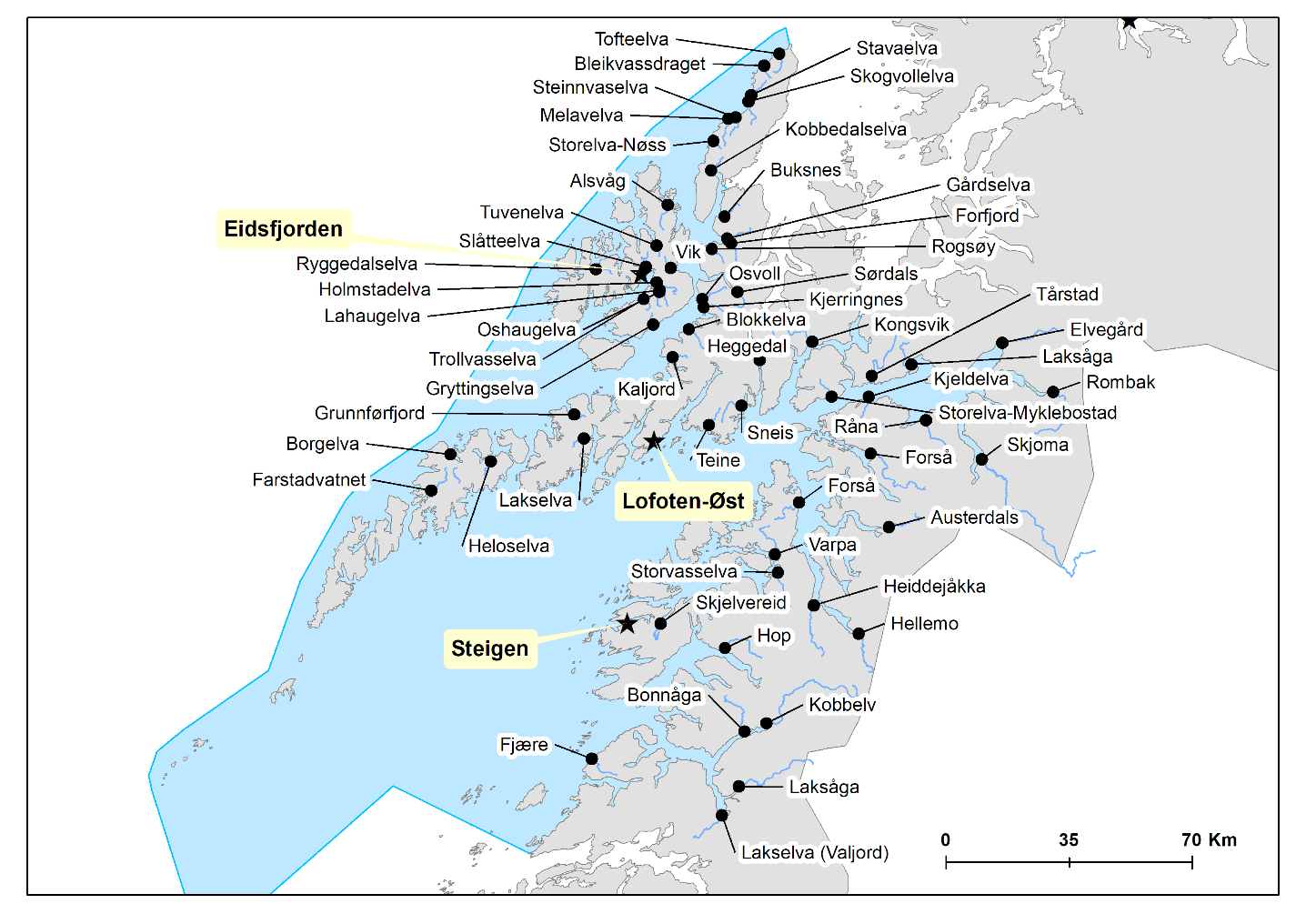 Figuren viser produksjonsområde 9 og undersøkte stasjoner er indikert sammen med nasjonale laksefjorder og lakseelver i området.