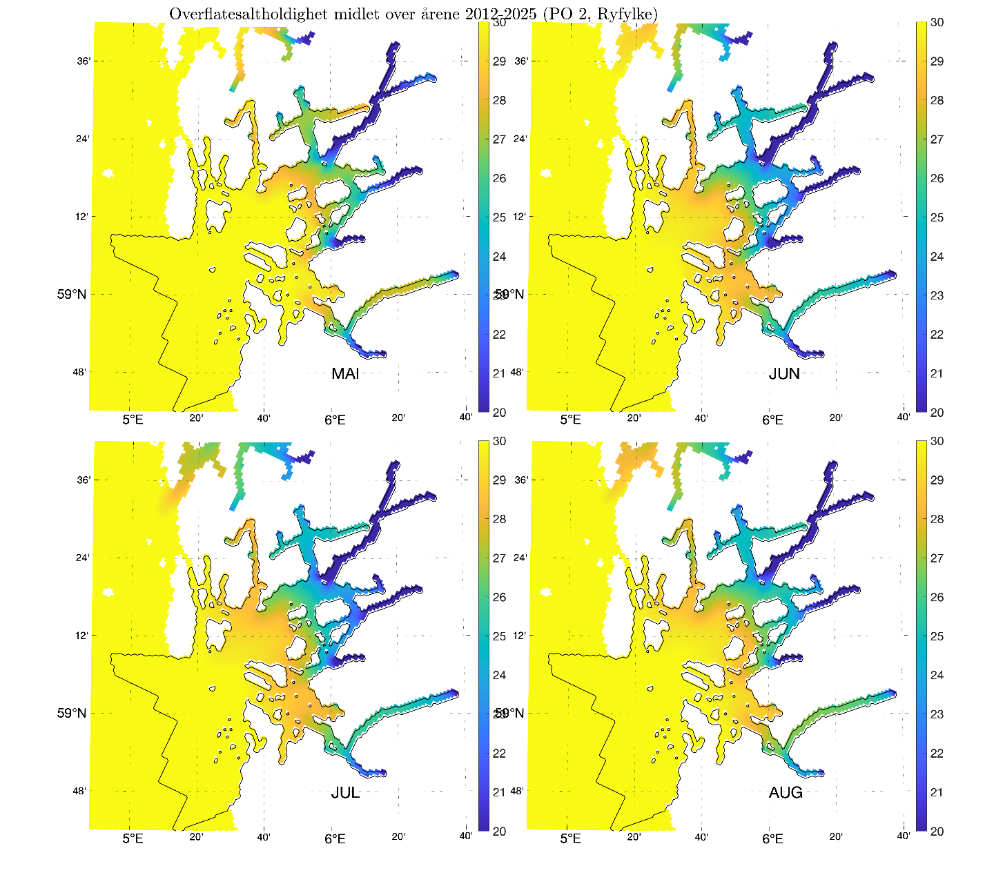 Figuren viser overflatesaltholdighet i produksjonsområdet midlet for årene 2012-2025 i henholdsvis mai, juni, juli og august.